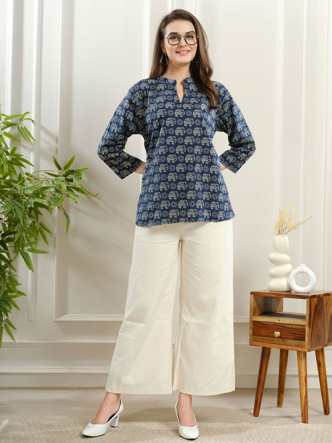 NIGHT FLOSS Women Mandarin Collar Pure Cotton Kurti