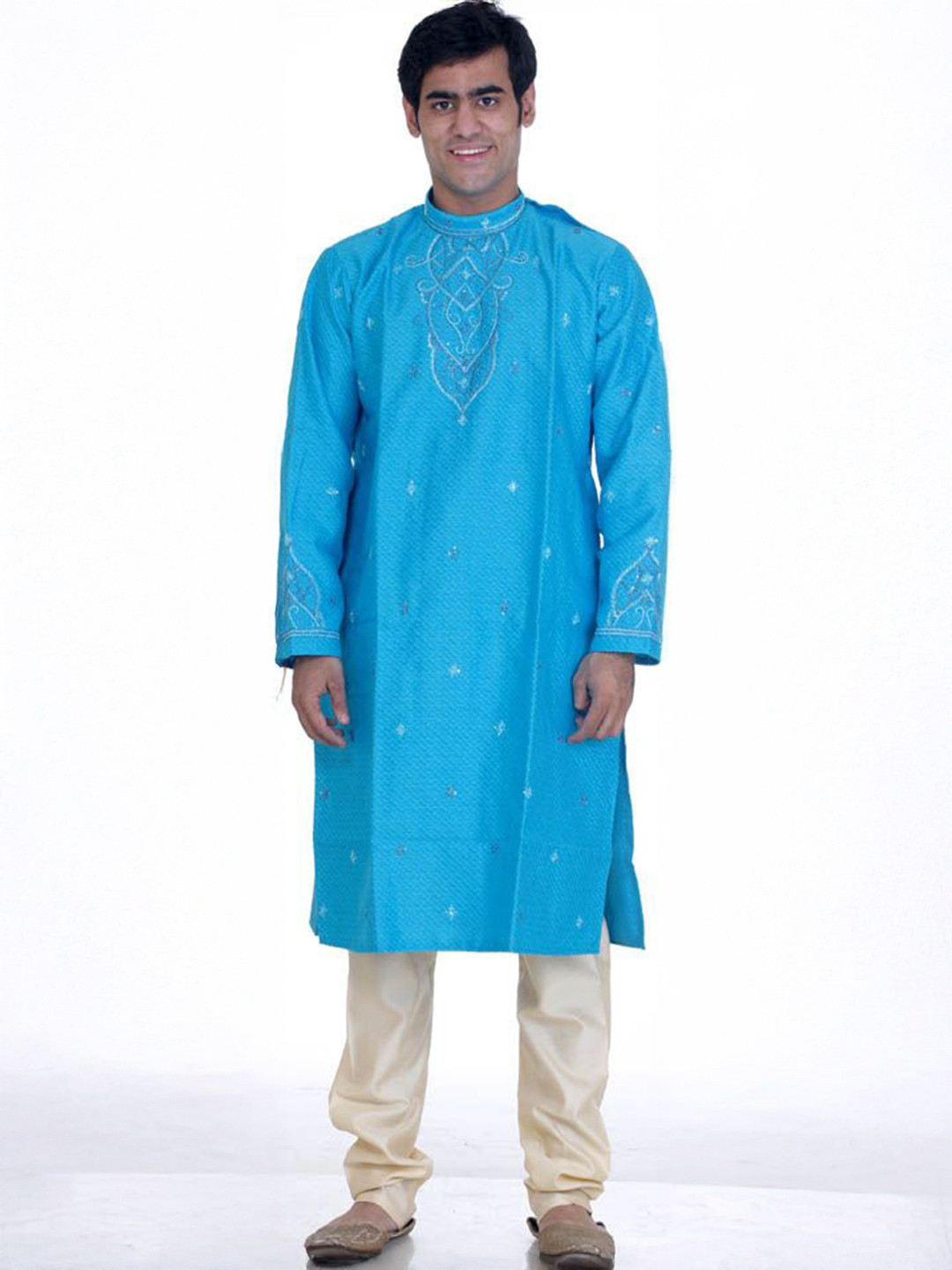 Exotic India Robin-Egg Blue Bandgala Pure Silk Kurta Set with All-Over Weave