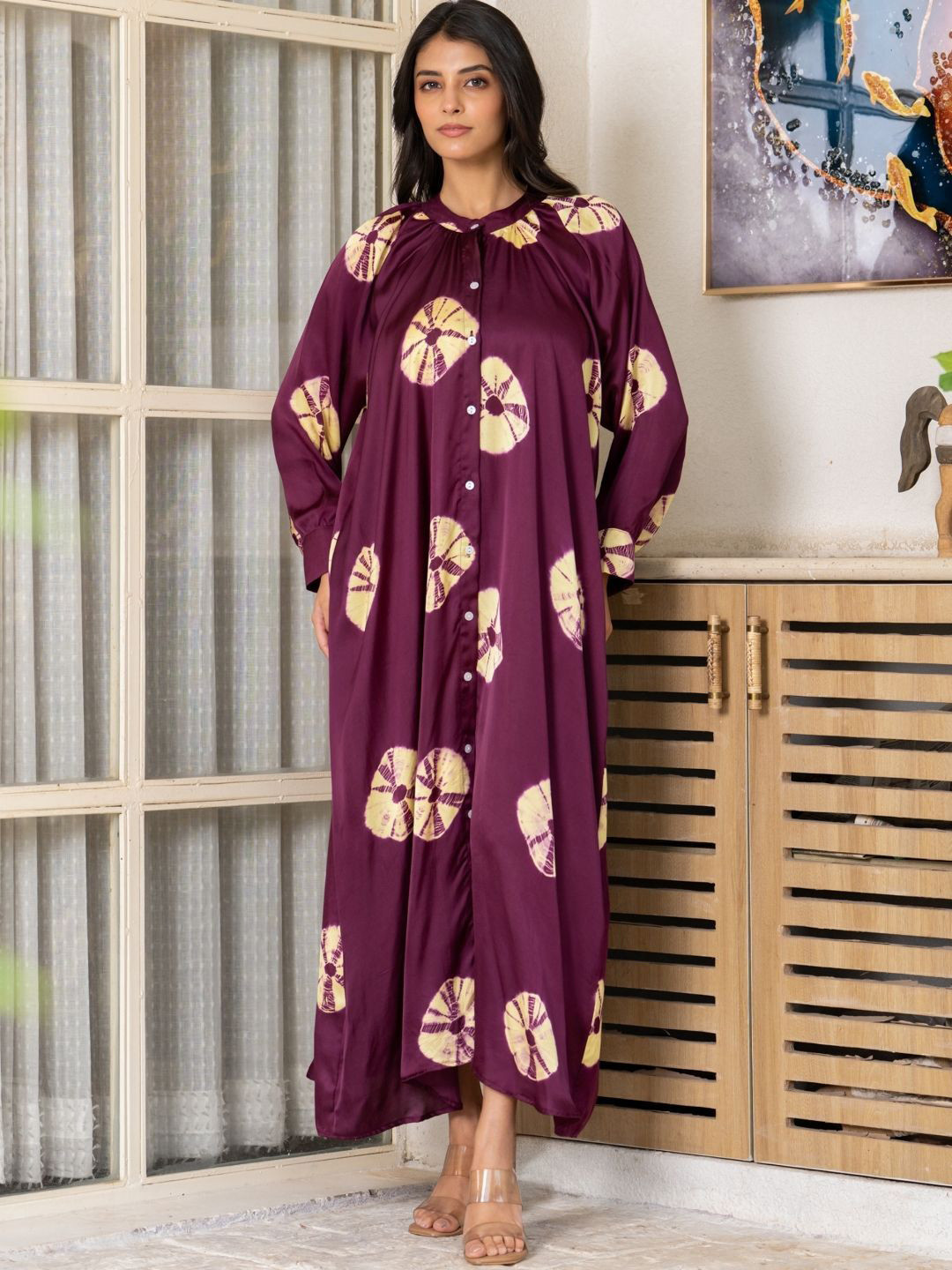 HOUSE OF JAMOTI Dream of Dusk Shibori Women Floral Printed Satin Maxi Dress
