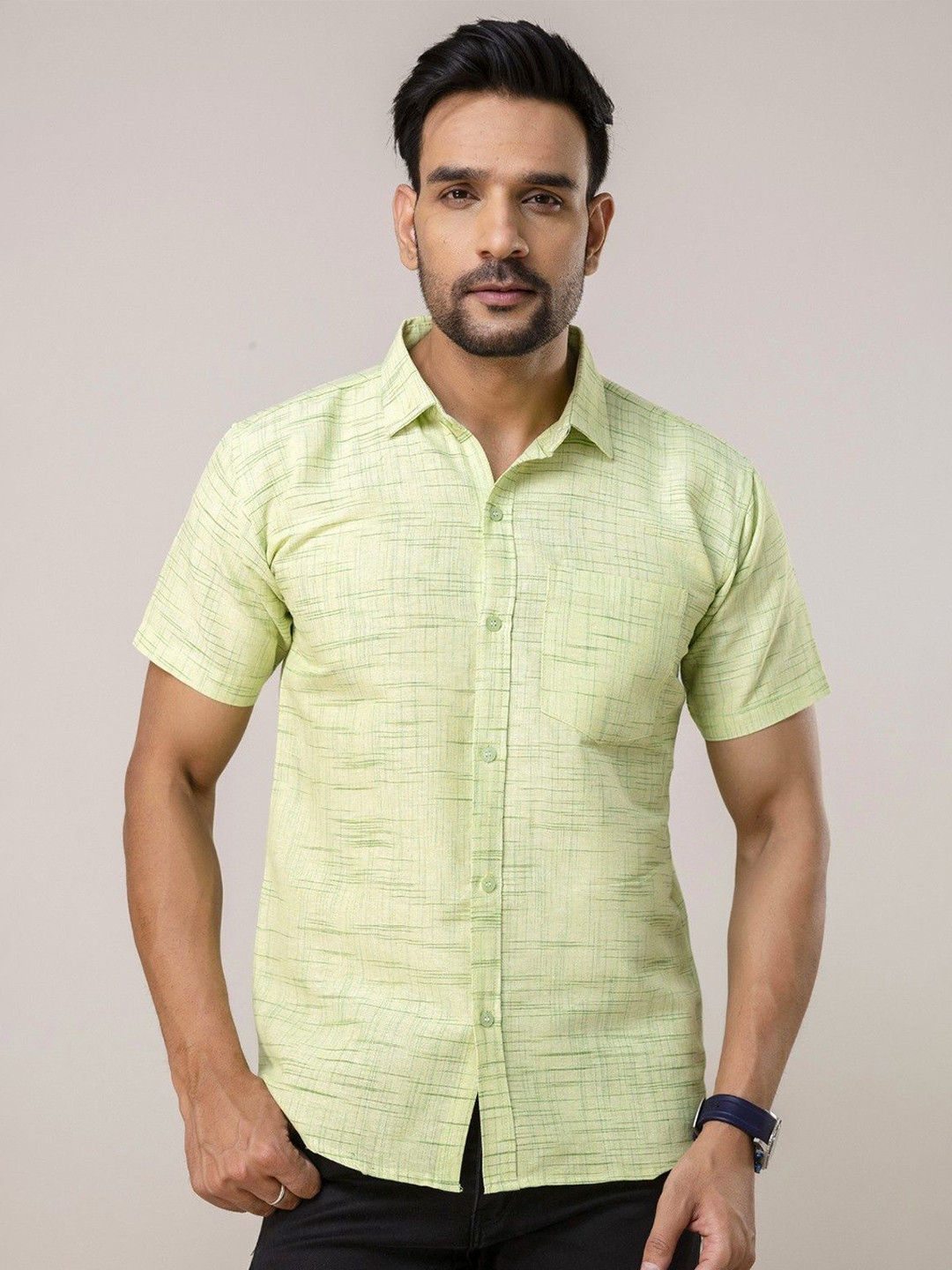 AUZAAI COLLECTION Horizontal Striped Spread Collar Khadi Cotton Casual Shirt