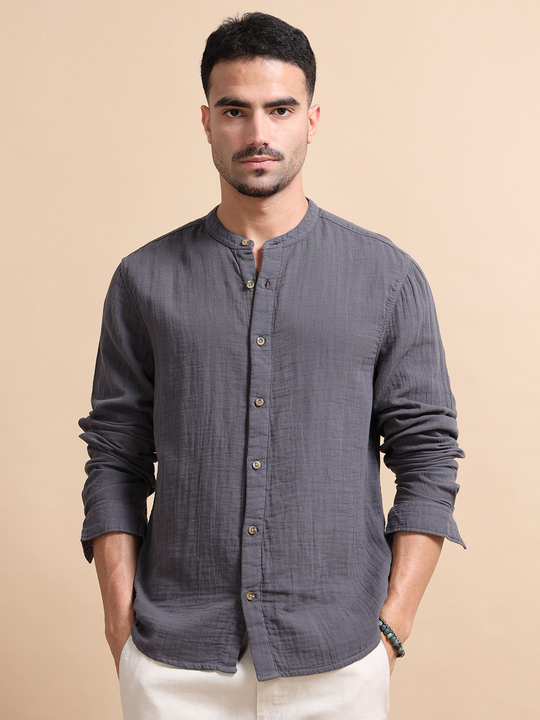 StitchX Men Long Sleeve Mandarin Collar Shirt