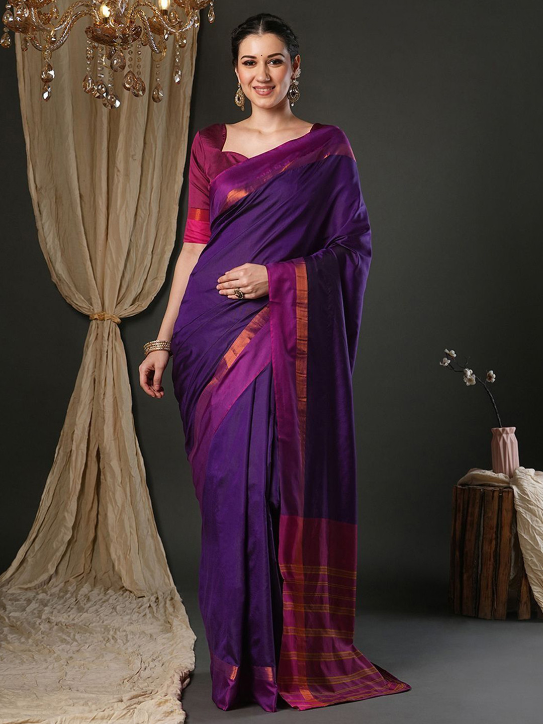 IndianRang Solid Zari Border Saree With Blouse Piece