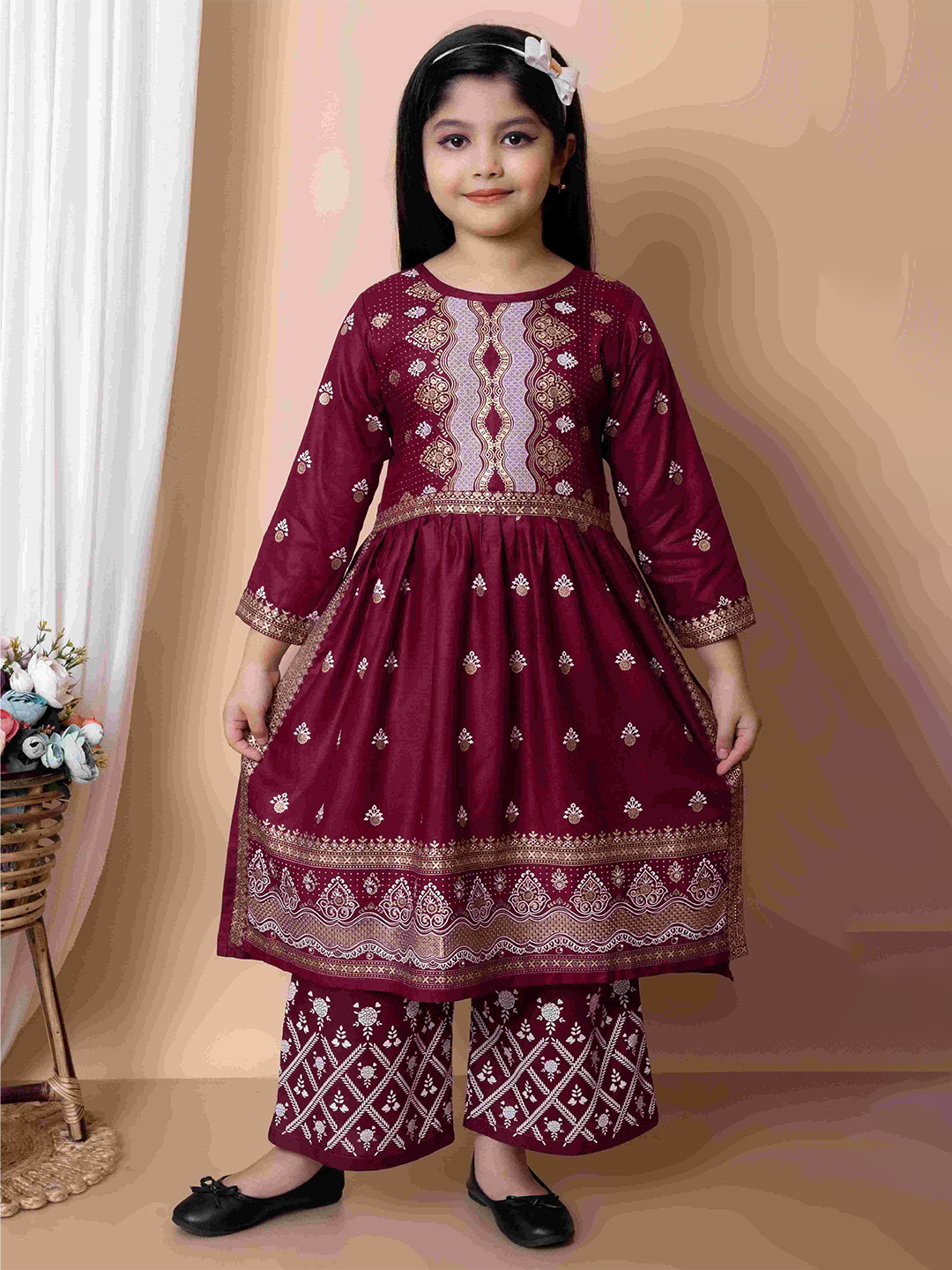 BARKAT DESIGNING PLANET Girls Floral Printed Gotta Patti Angrakha Kurta With Palazzos