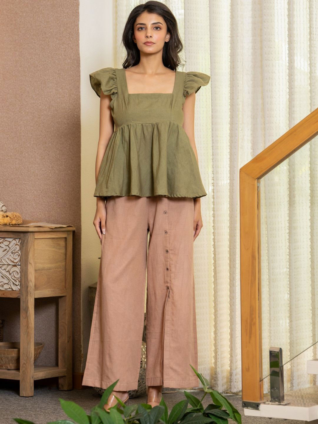 HOUSE OF JAMOTI Square Neck Top With Trousers Earthy Charm Flutter Set