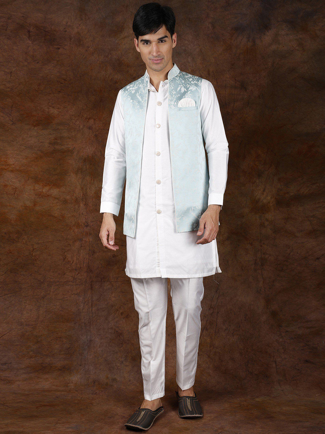 Exotic India Three-Piece Kurta Pyjama Set with Brocaded Front Open Waistcoat