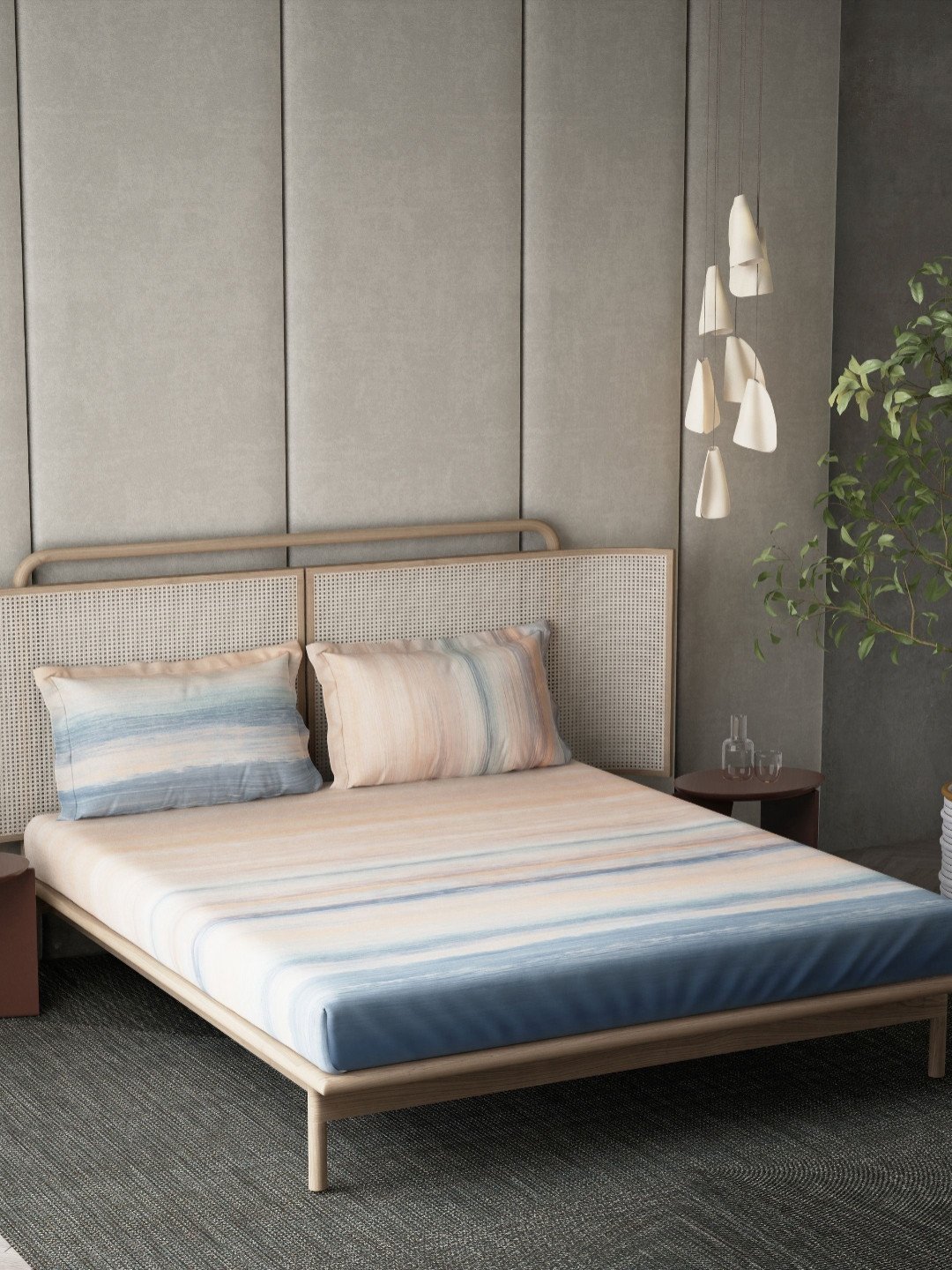 DDecor Orange & Blue Striped 144 TC King Bedsheet with 2 Pillow Covers