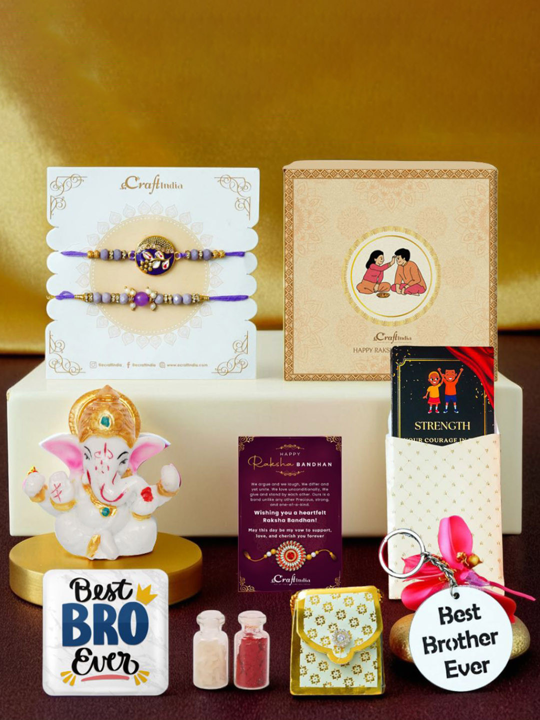 eCraftIndia Pack Of Rakhis Ganesha Idol Cards Keychain Magnet Roli Chawal