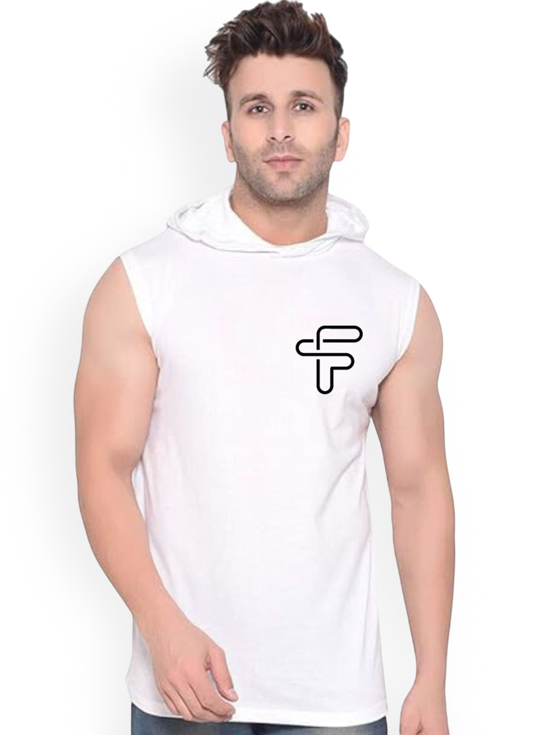 FABSTIEVE Printed Cotton Hooded Gym Vest  VK-44B_pt-150 White M