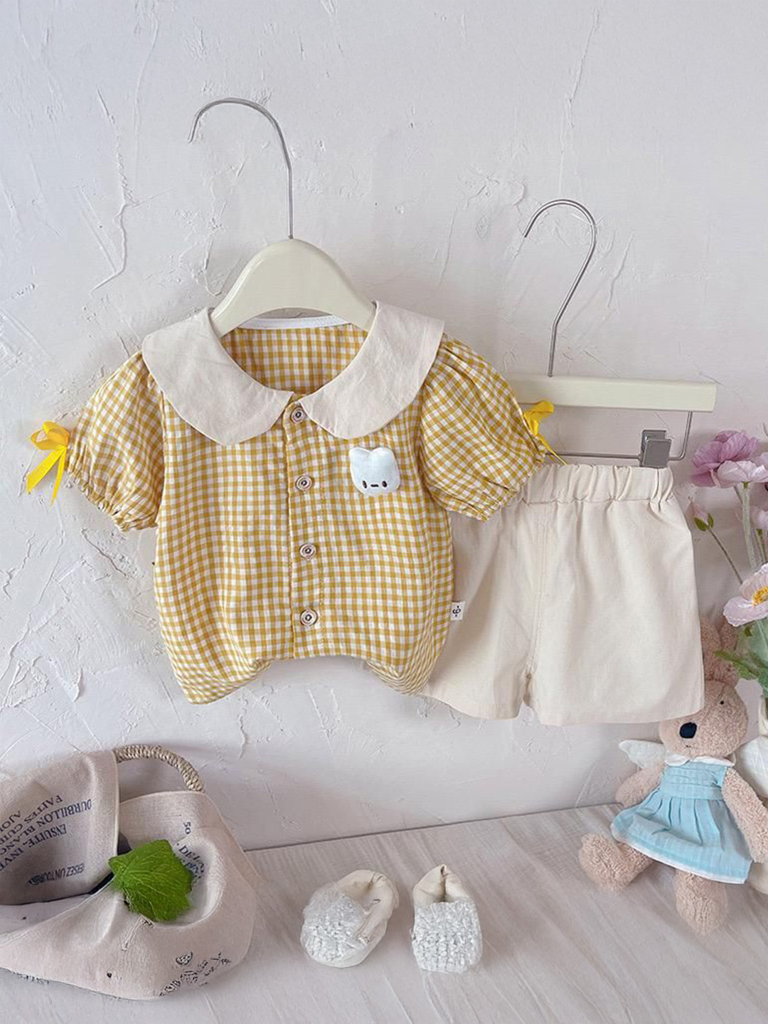 POP STREET KIDS Girls Checked Peter Pan Collar Top With Shorts