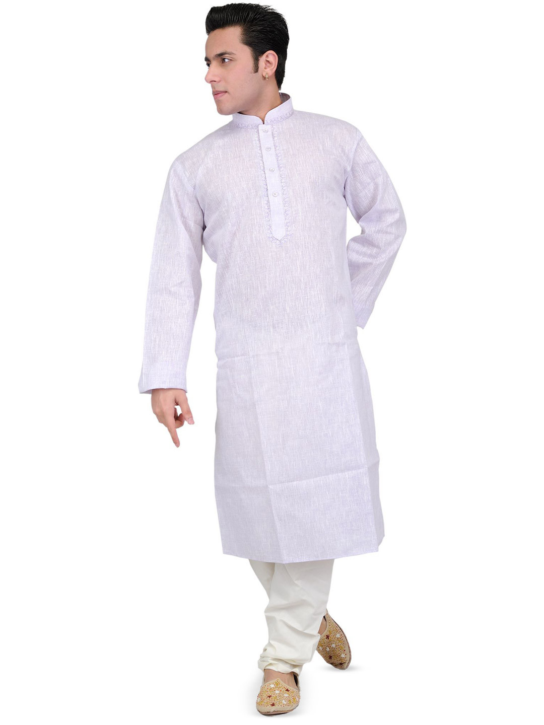 Exotic India Men Pure Cotton Kurta Pajama with Thread Embroidery On Neck