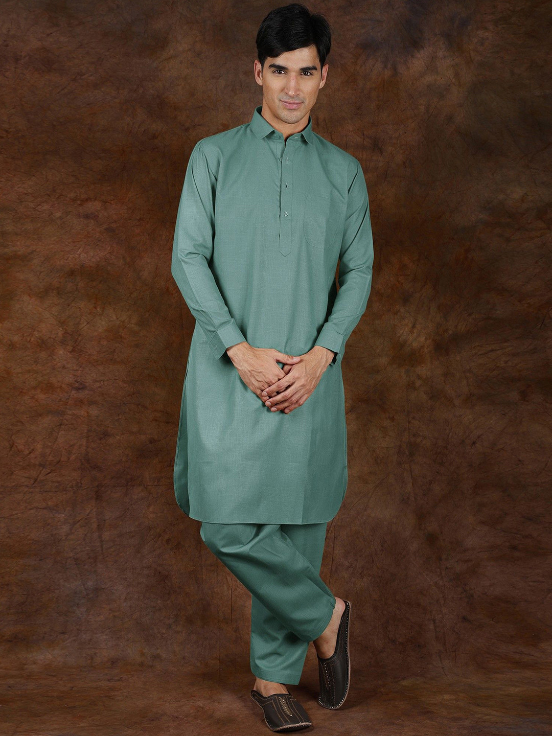 Exotic India Men Pastel -Plain Pure Cotton Pathani Kurta Pajama Set with Front Pocket