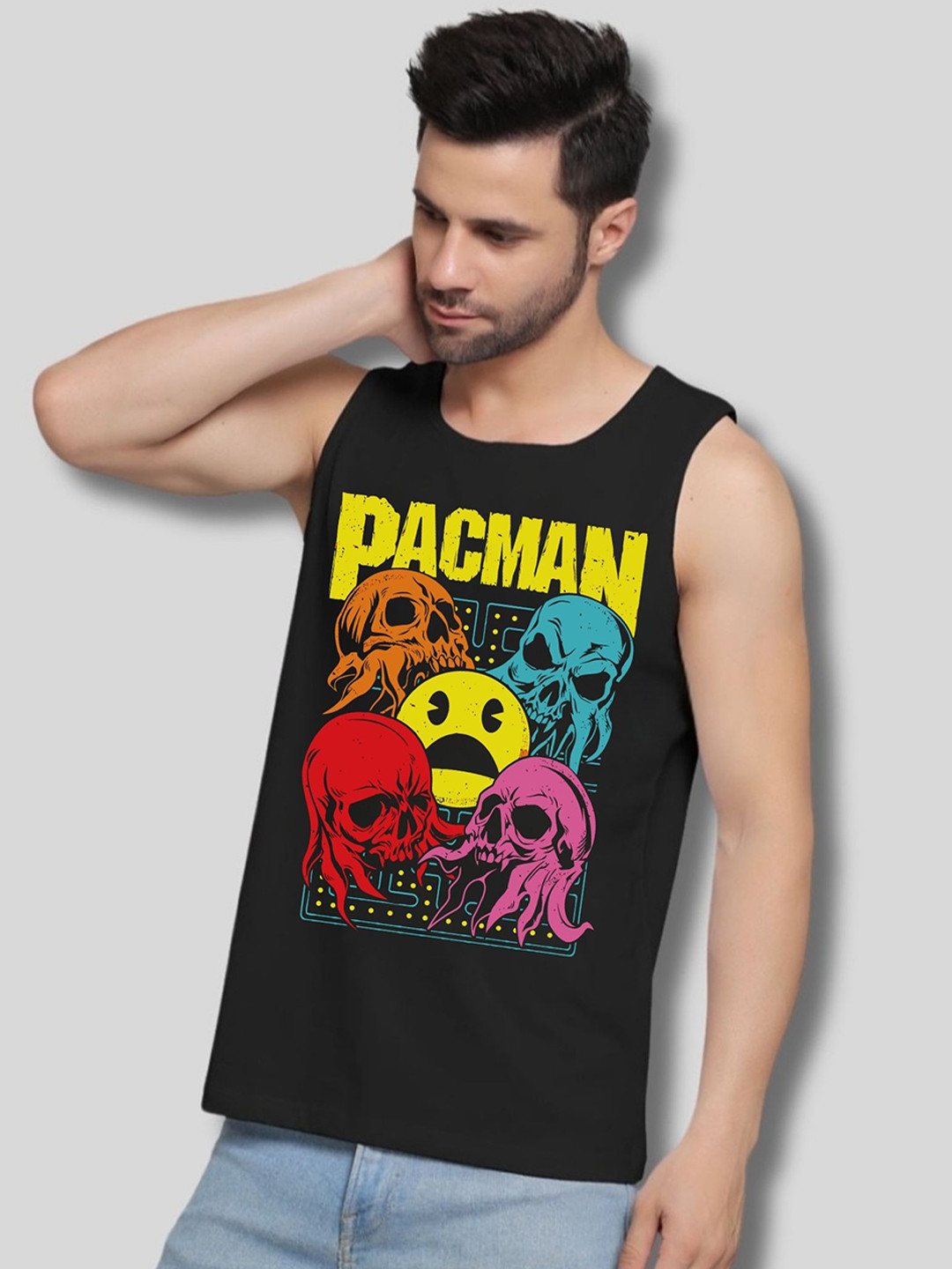 UpClothing Printed Cotton Round Neck Gym Vest UC-PV-BL|PACMAN-S