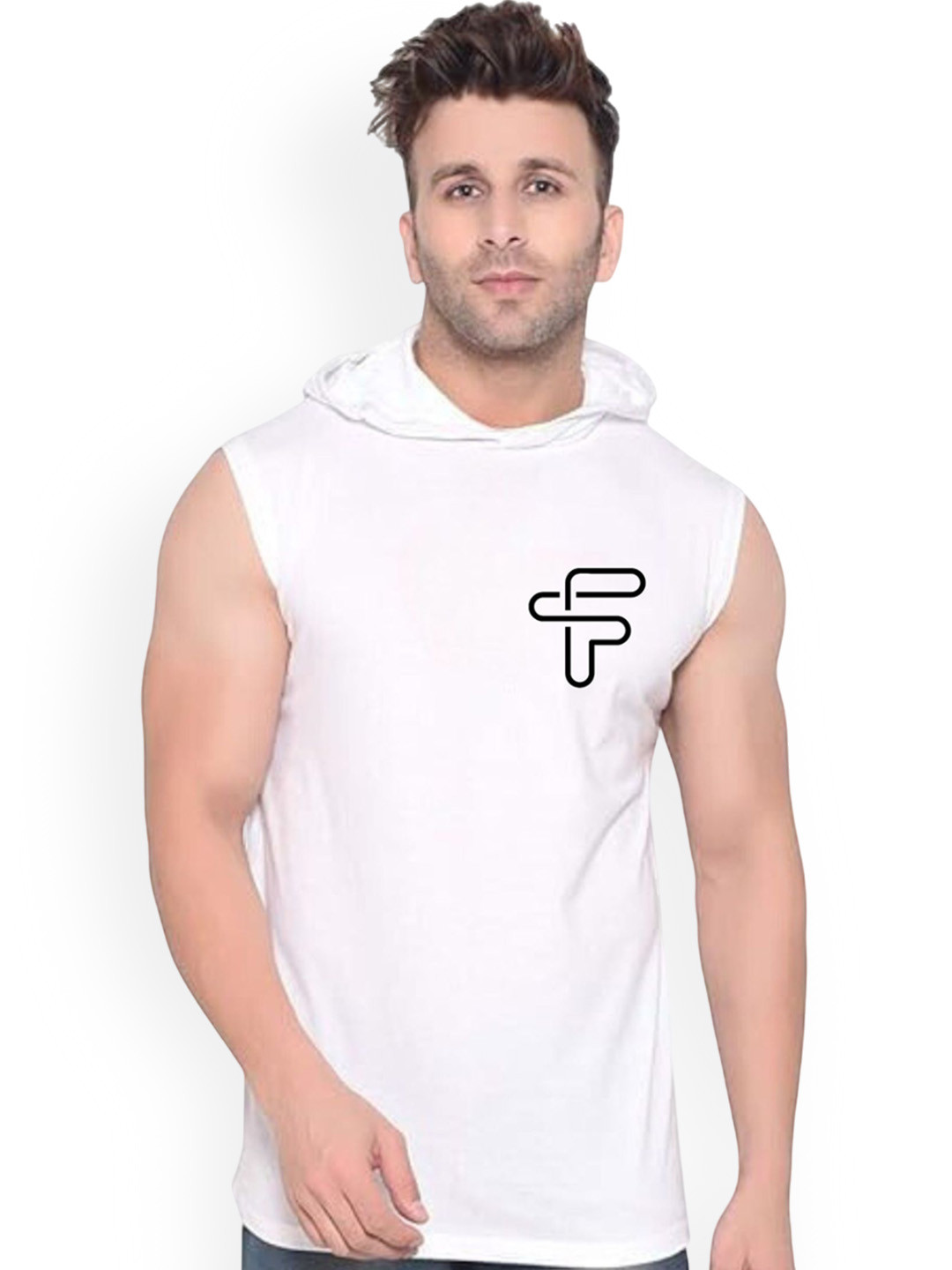 FABSTIEVE Printed Cotton Hooded Gym Vest  VK-44B_pt-107 White M