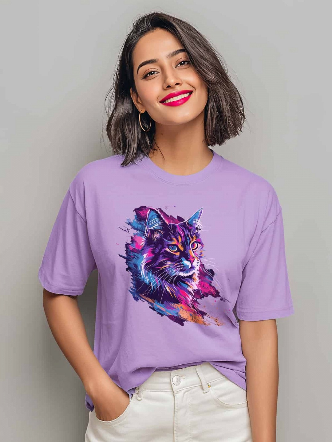 Storeily Whisker Wonderland Graphic Printed Drop-Shoulder Sleeves Cotton Oversized T-shirt