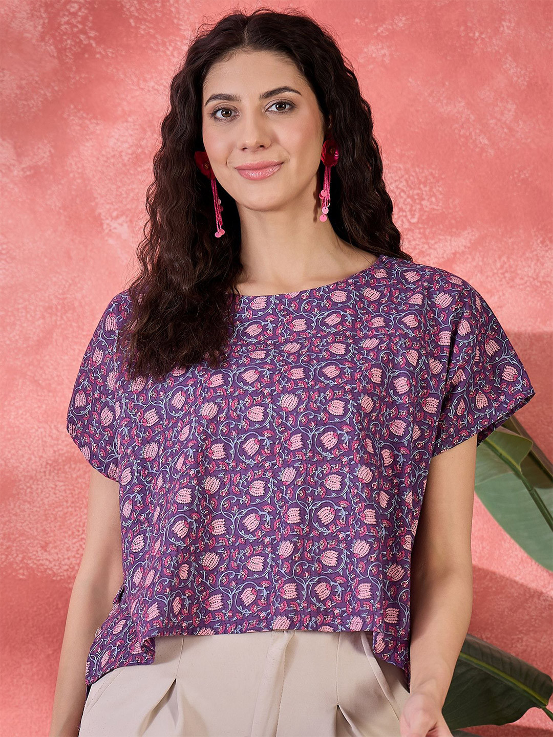 SANSKRUTIHOMES Women Ethnic Motifs Printed Round Neck Cotton Boxy Top