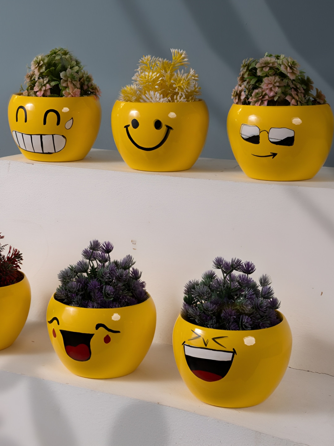 THREADVIBE LIVING 6Pcs Yellow & White Decorative Smiley Face Emoji Flower Planter Pot