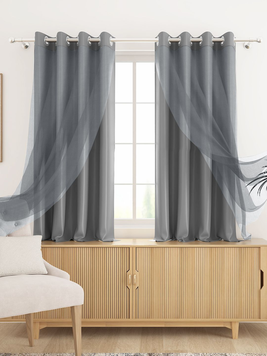 Story@home Pack of 2 Grey Blackout & Sheer Window Curtain 5 Feet