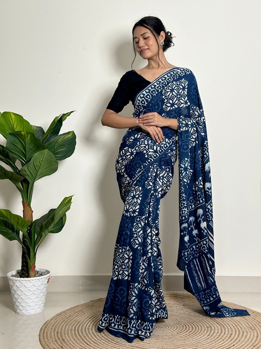 SainSisters Twilight Breeze Ethnic Motifs Print Pure Cotton Block Print Saree