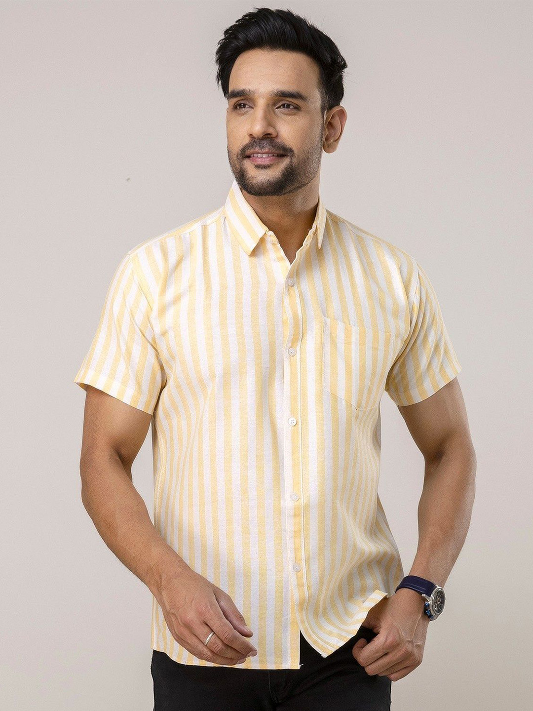 AUZAAI COLLECTION Vertical Striped Spread Collar Khadi Cotton Casual Shirt