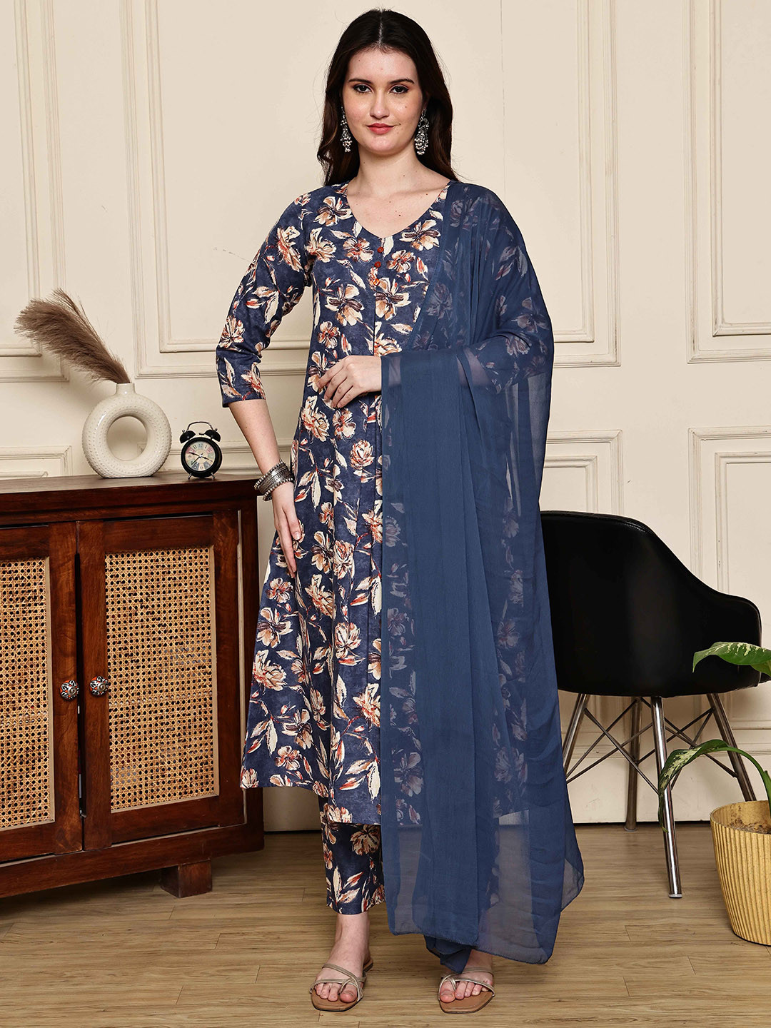 Merira Floral Printed V Neck A Line Kurta With Trousers & Dupatta