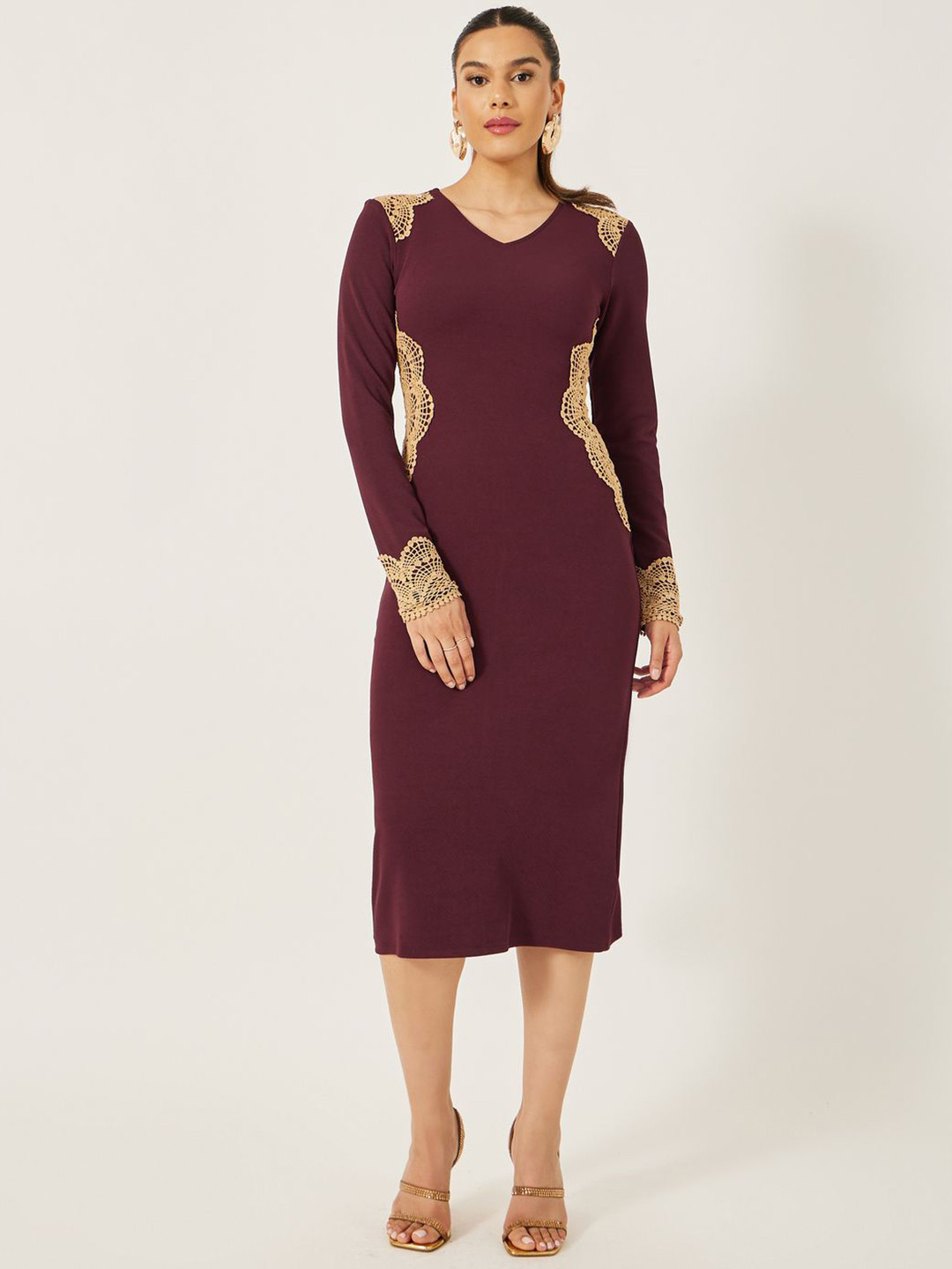 Styli V-Neck Sheath Midi Dress With Lace Inserts