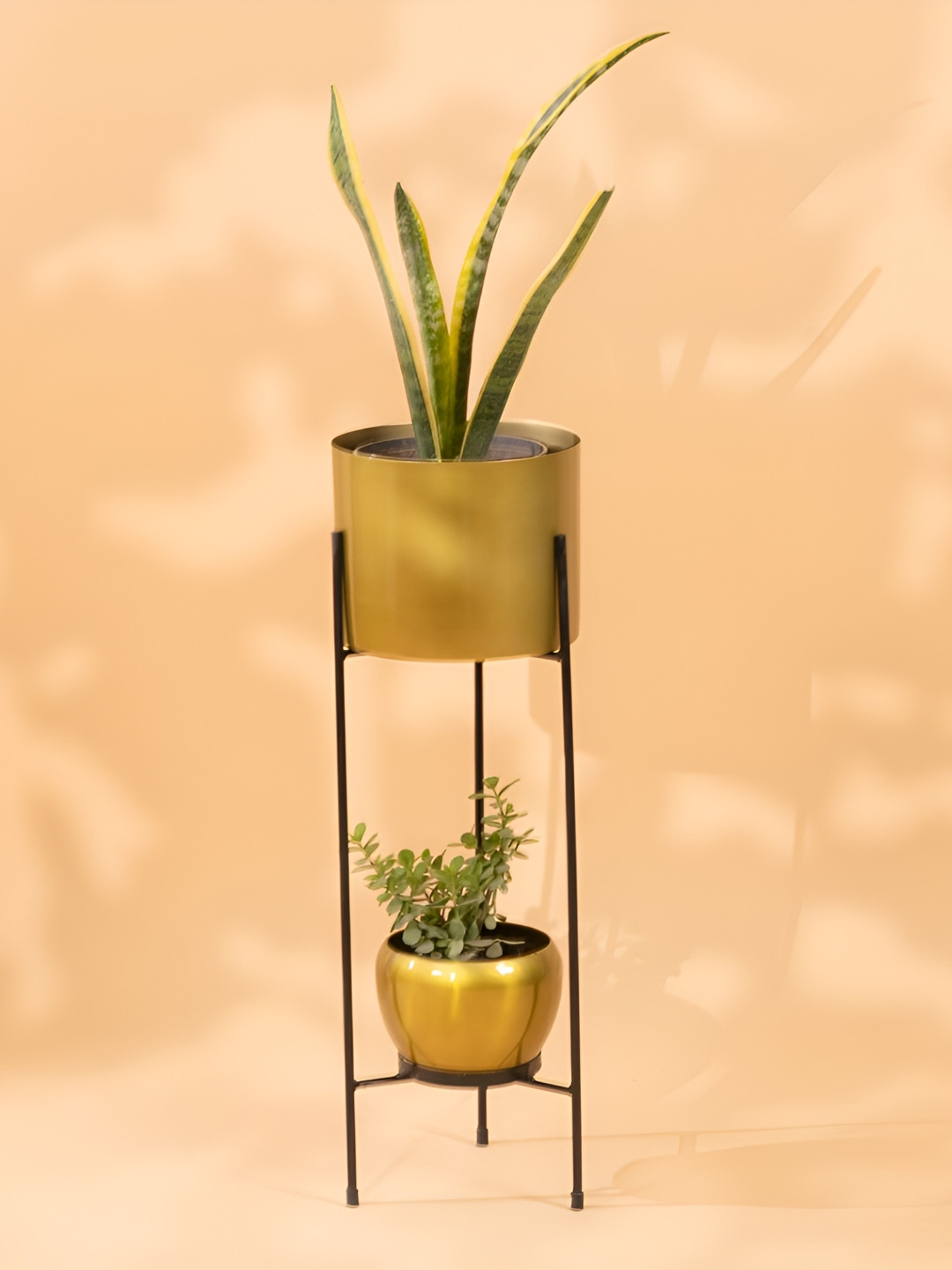 THREADVIBE LIVING Black & Yellow Gold Metal Round Two-Tier Plant Stand Pot