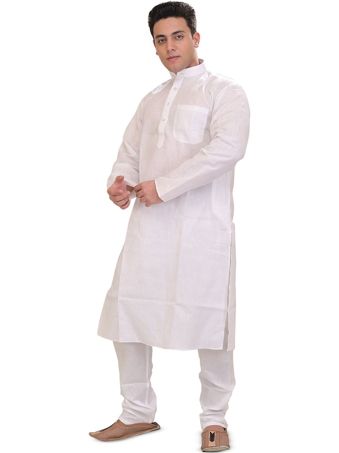 Exotic India Men Winter-White Plain Linen Kurta with White Pajama