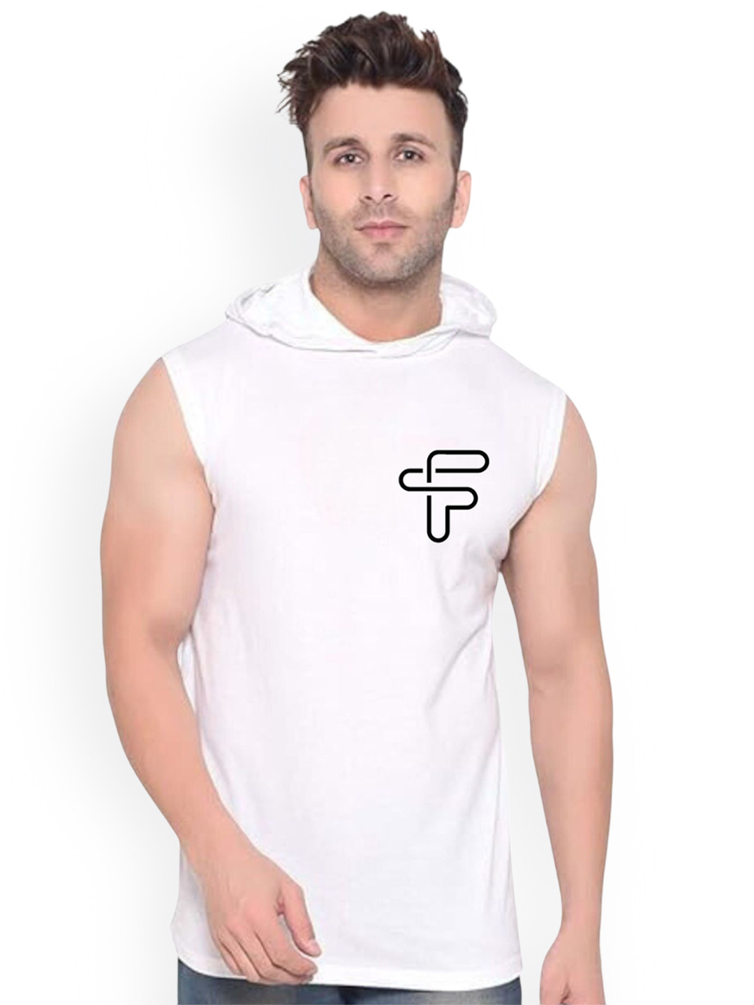 FABSTIEVE Printed Cotton Hooded Gym Vest  VK-44B_pt-121 White M