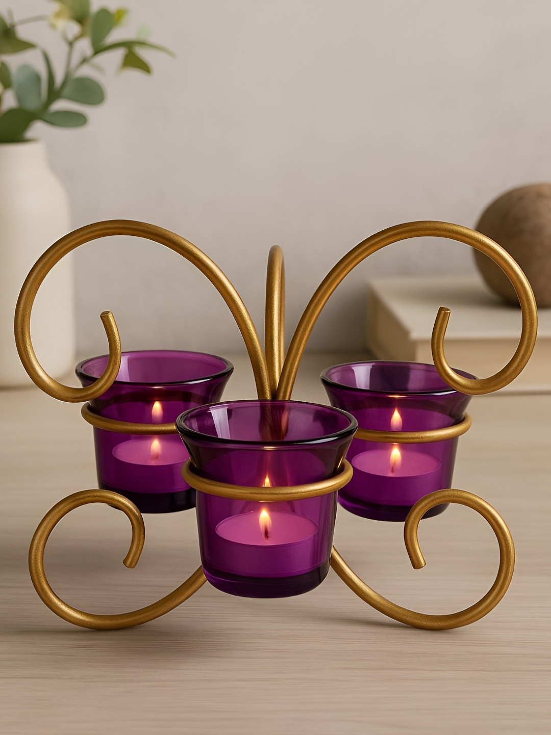 GLOBALLY INDIAN Purple & Gold Toned Metal Candle Holder