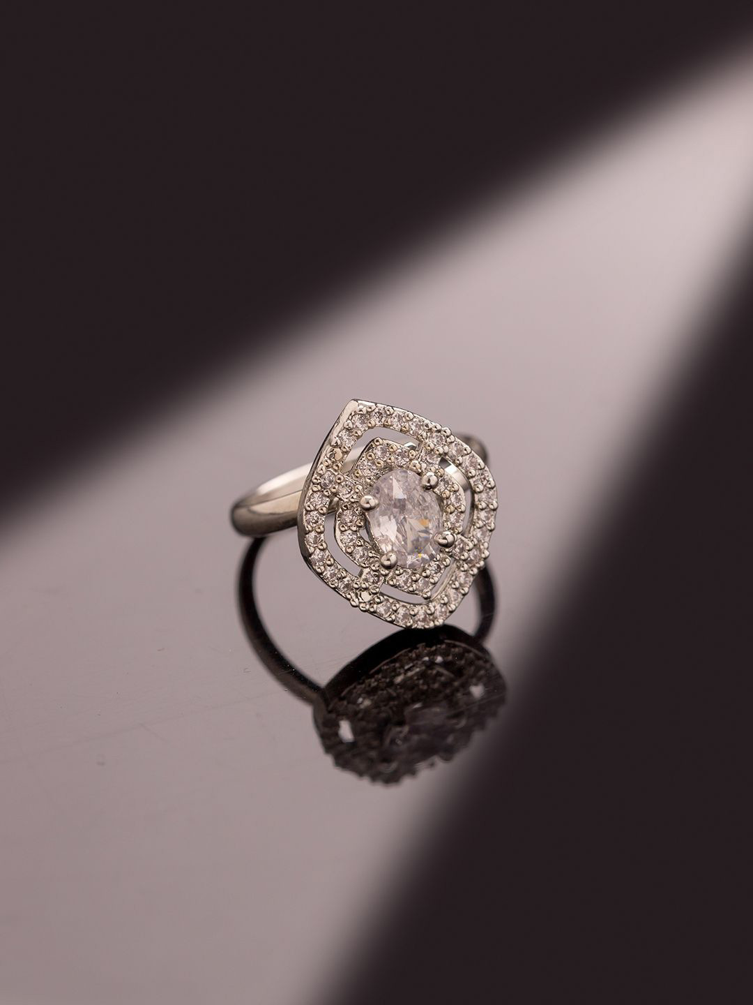 Voylla Rhodium-Plated Sparkling Elegance Regal Cut American Diamond Finger Ring