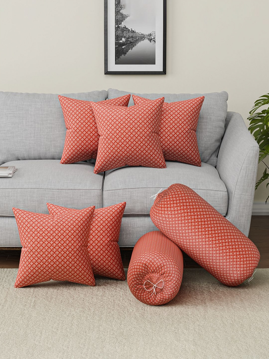 RUBOXA Red 7 Pieces Microfiber Geometric Cushion & Bolster Covers