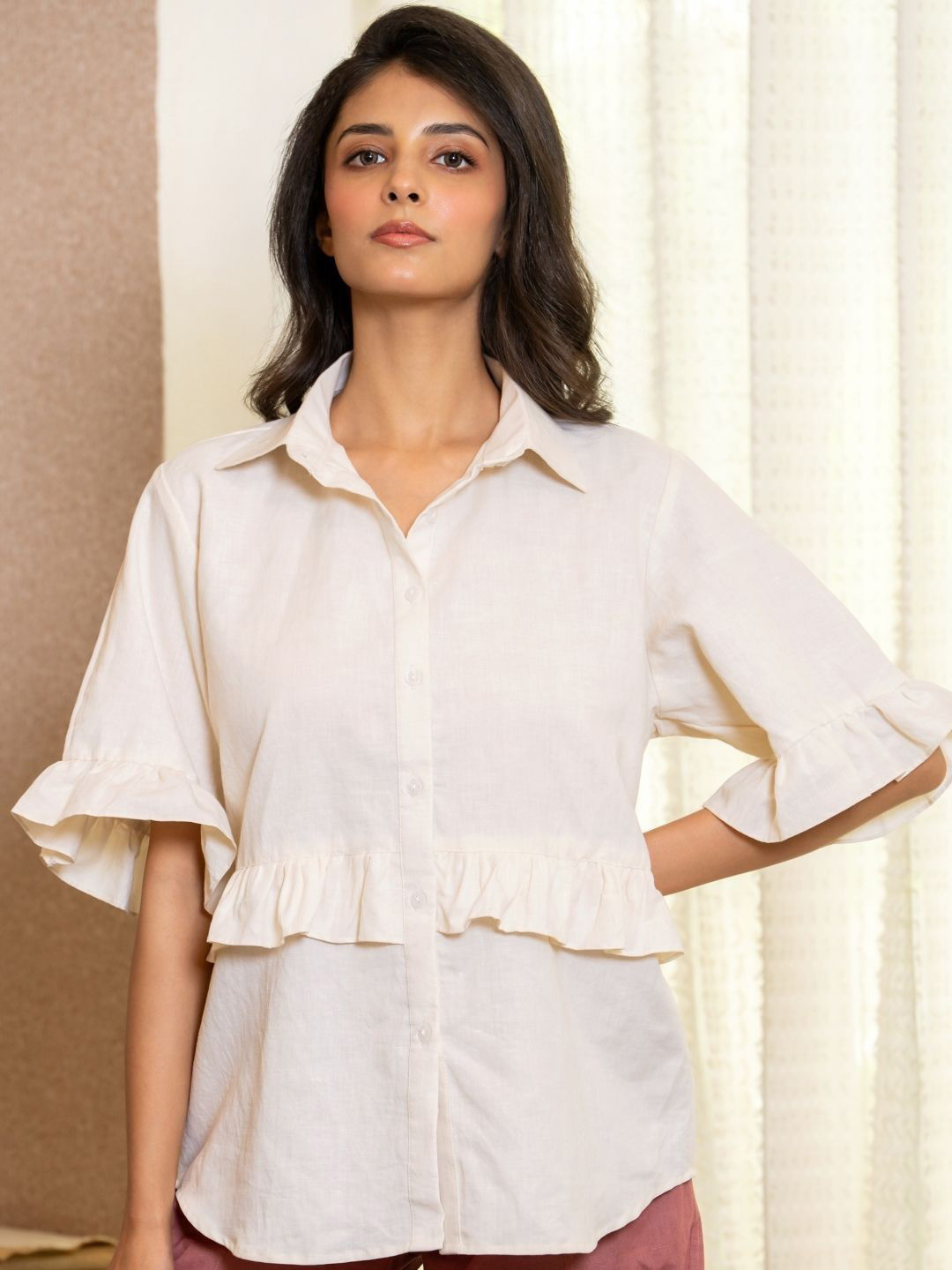 HOUSE OF JAMOTI Frilled White Shirt Style Top