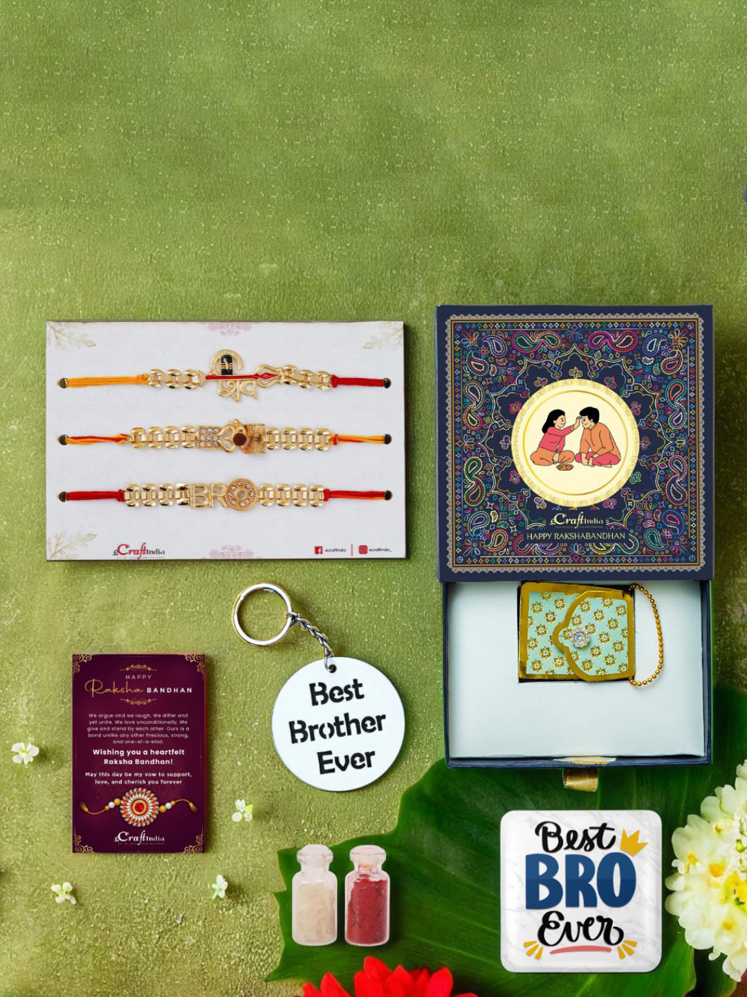 eCraftIndia Pack Of 3 Rakhis Magnet And Keychain Card And Roli Chawal