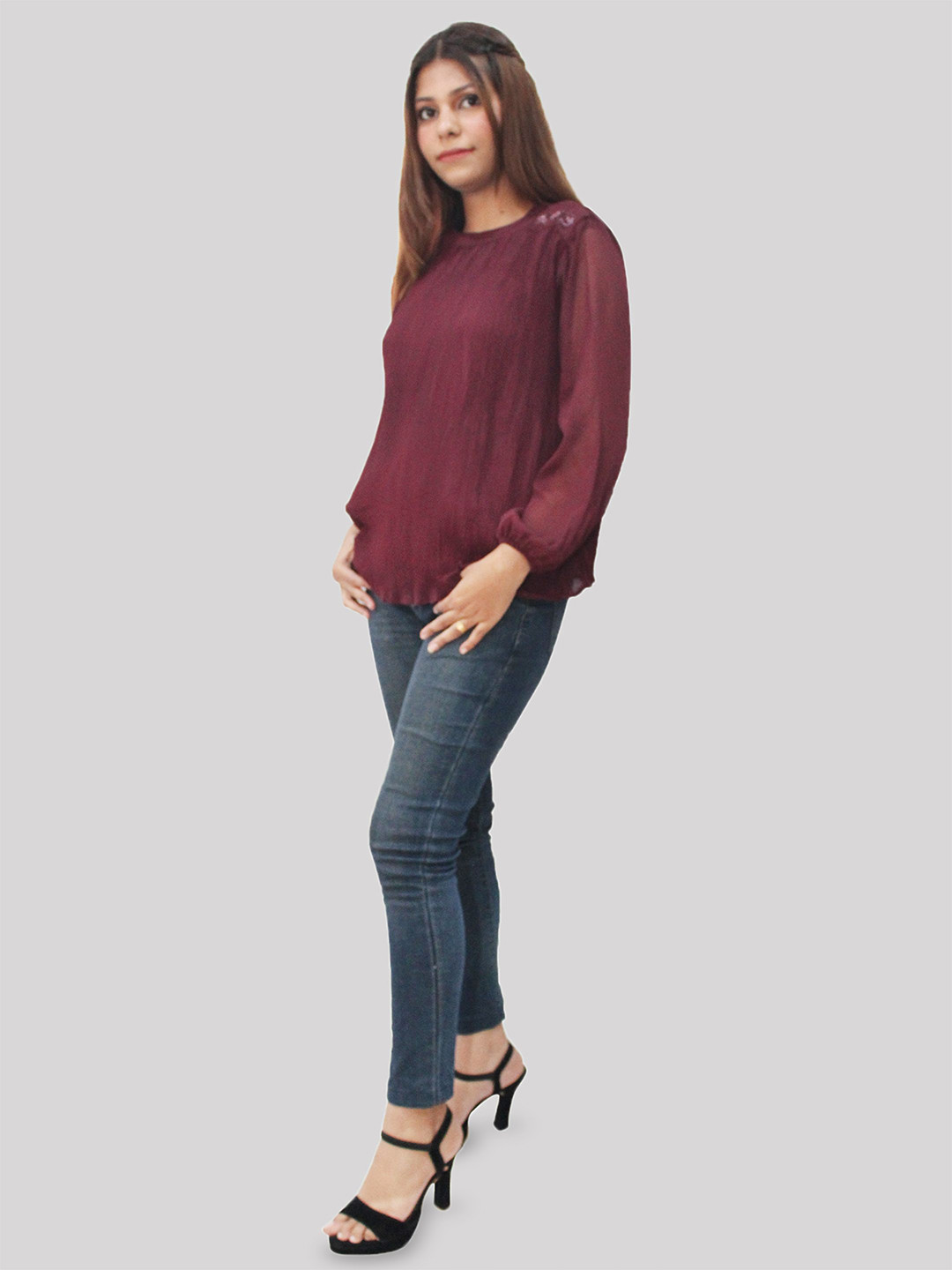 HAUTEMODA Women Embellished A-Line Puff Sleeves Top