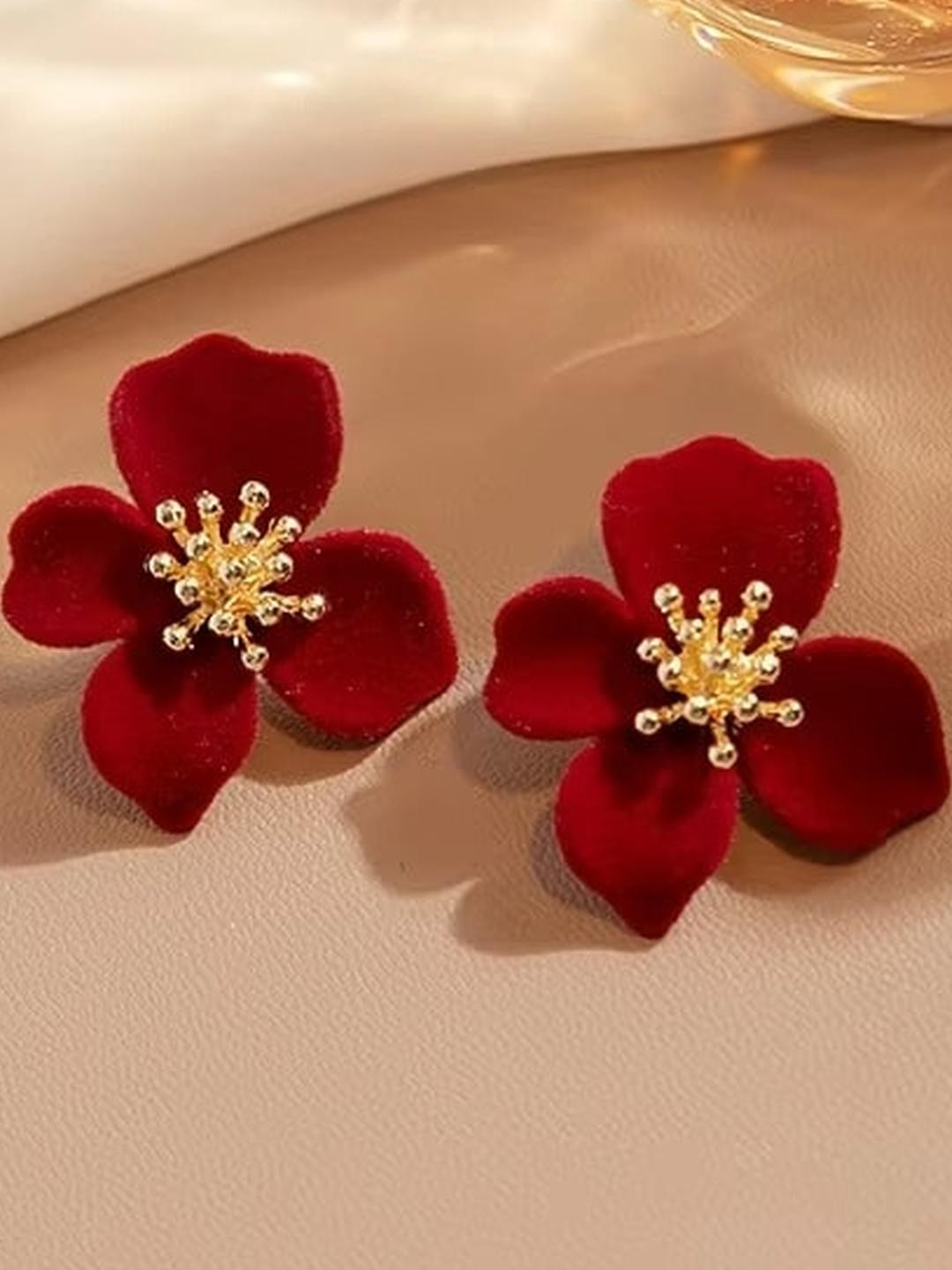 Tiso Trendy Maroon Flower Earrings, Velvet Studs & Party Wear Statement Earrings