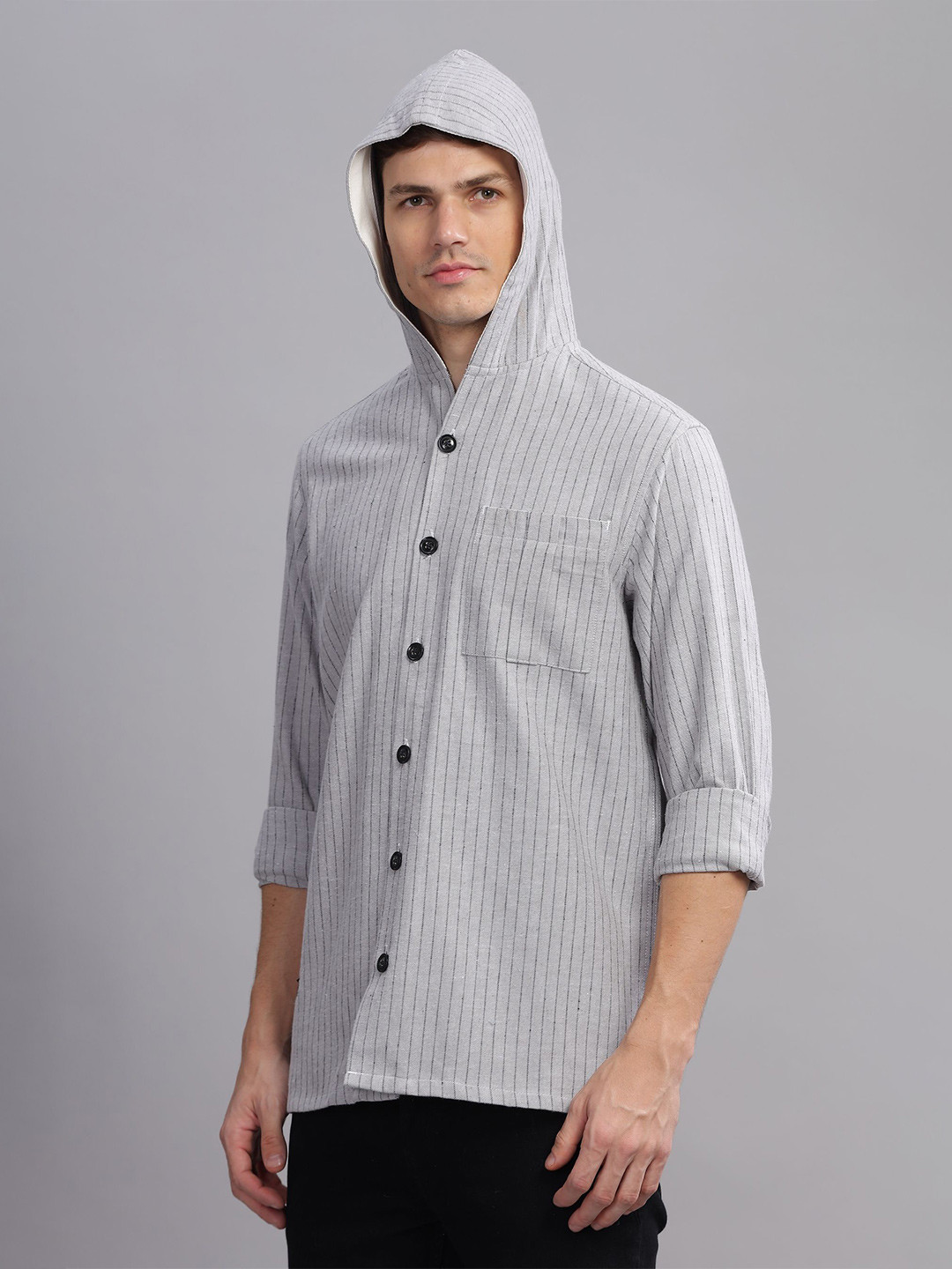 THREE DAYS Men Comfort Fit Vertical Striped Hooded Cotton Casual Shirt