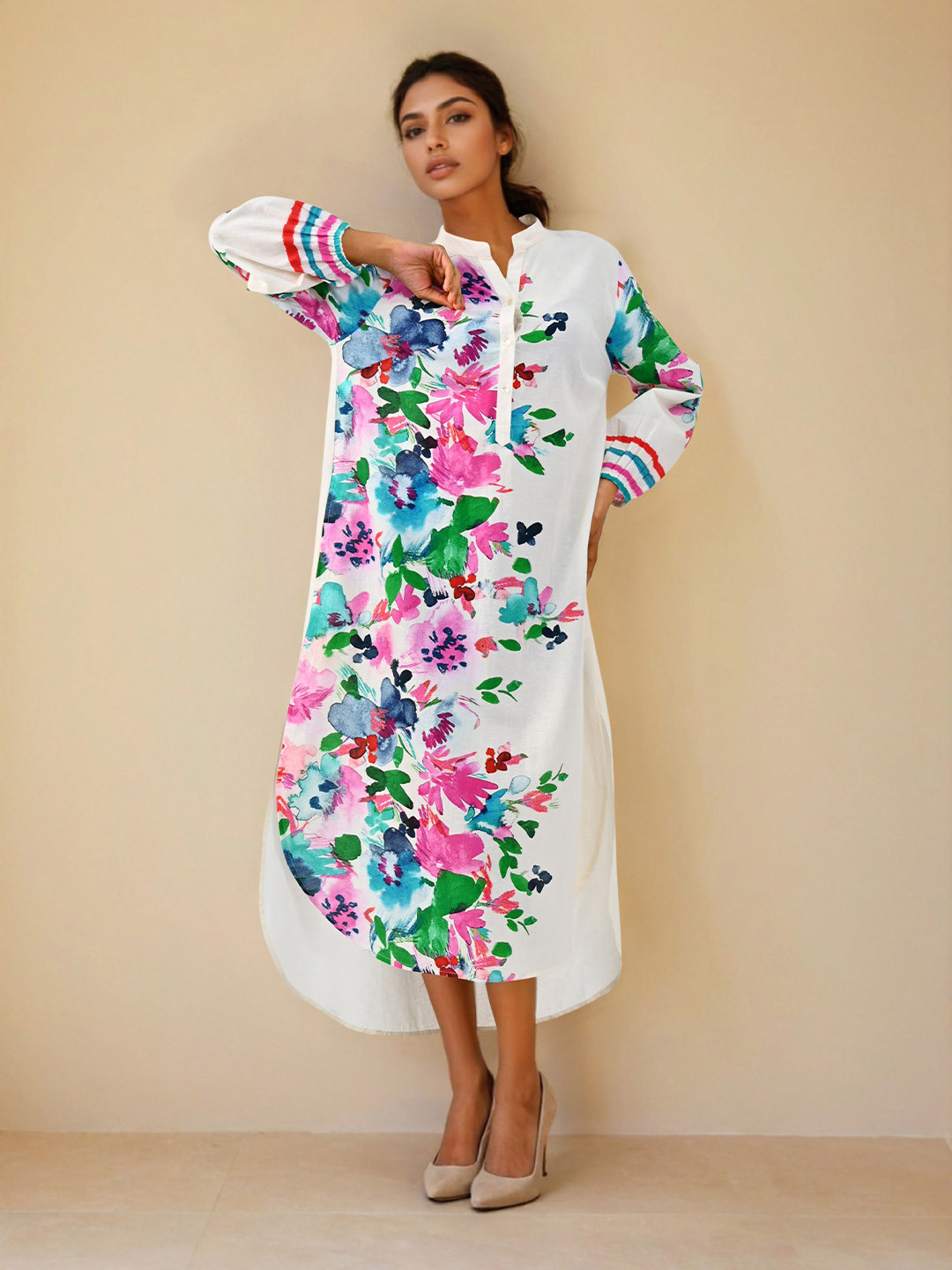 Zolo Label Women White Colorfull Floral Printed A-Line Kurta Dress