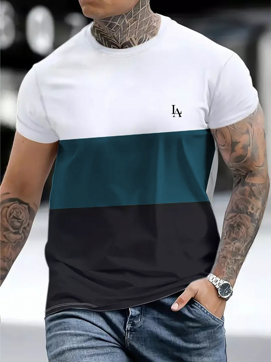 LAUREN ADAMS Colourblocked Round Neck Pure Cotton T-shirt