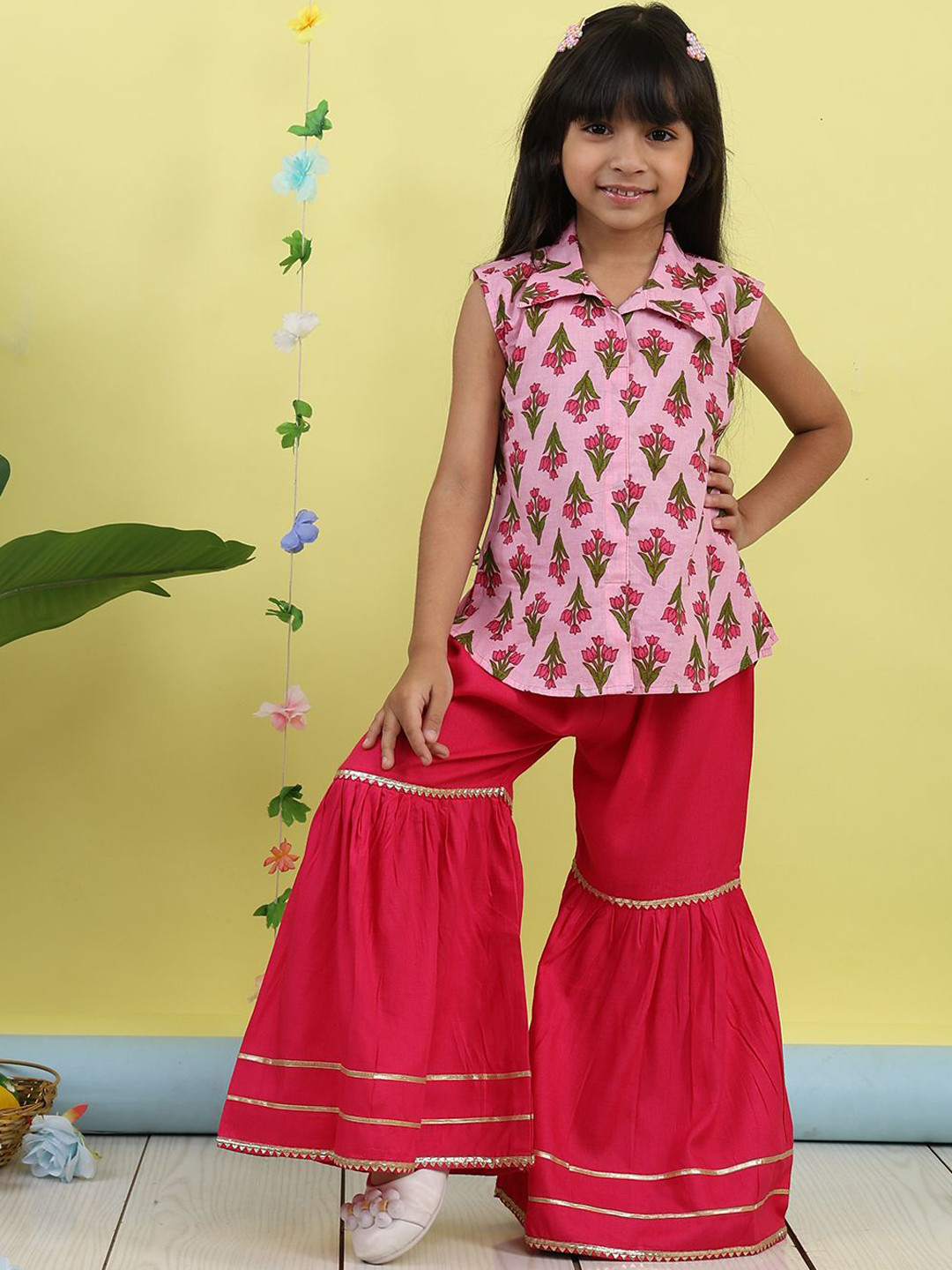 Sangria Girls Floral Printed Shirt Collar Sleeveless Pure Cotton Straight Kurti & Sharara