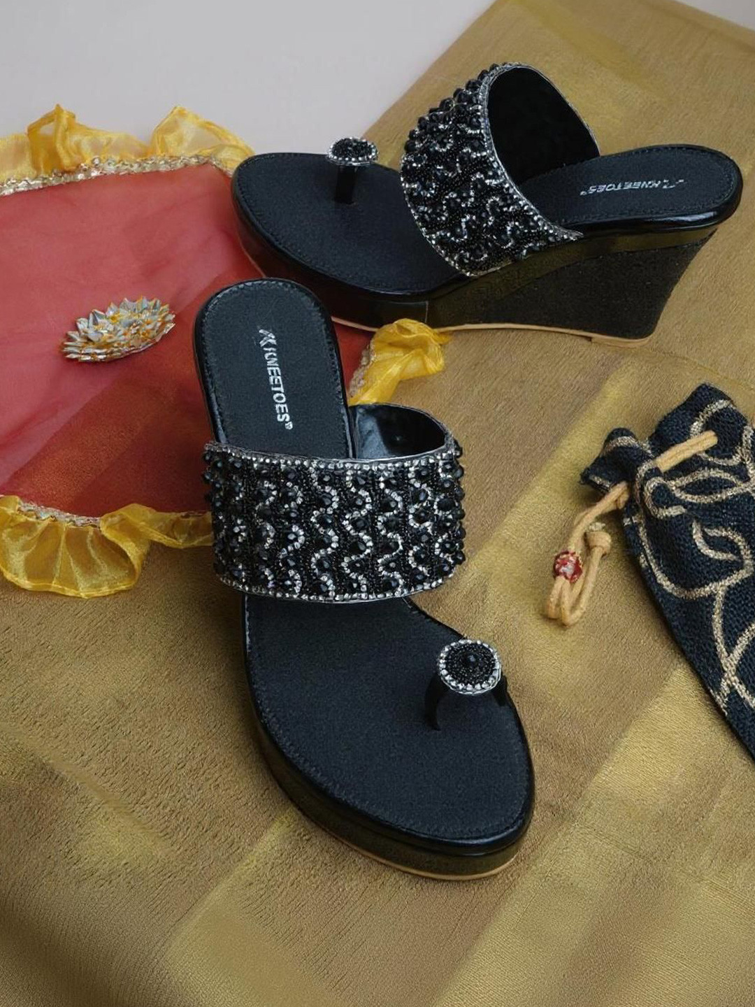 Kneetoes Women Gemglow Black Wedge Heel Sandals