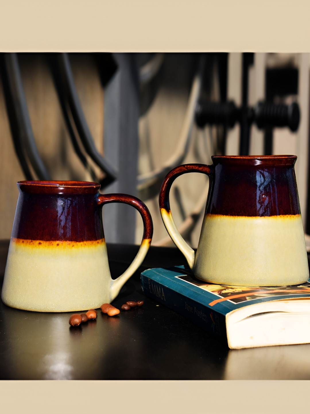 TheYUGO Brown & Cream 2 Piece Printed Ceramic Glossy Mugs Set