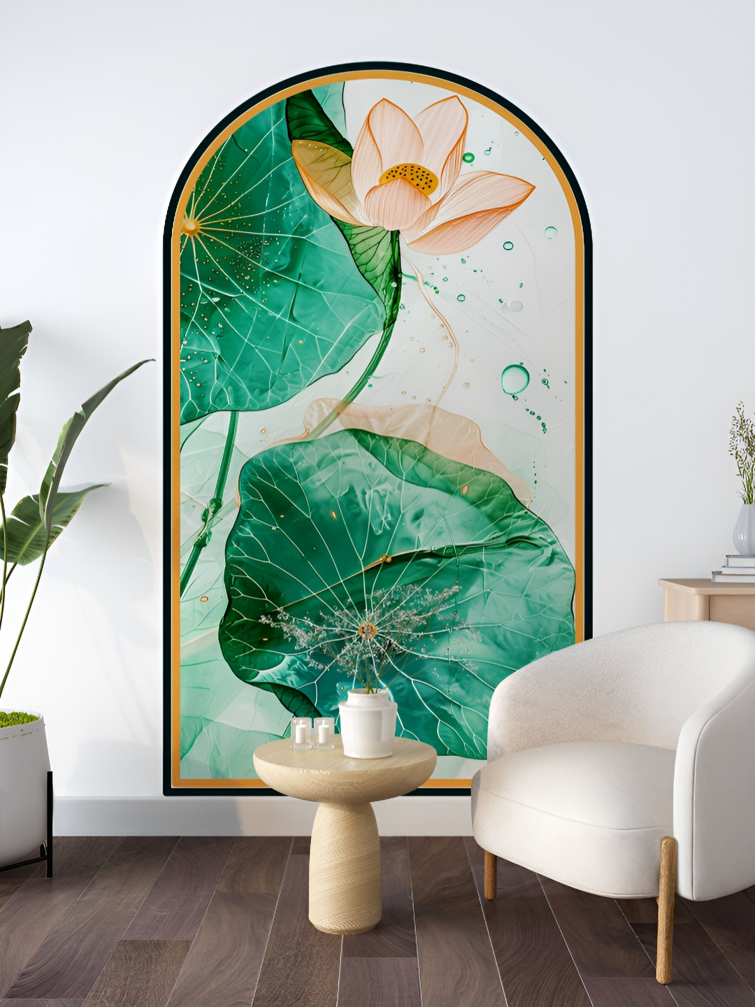 Myntra Elegant Homes Green & White Printed Arched Design With Large Lotus Wall Sticker
