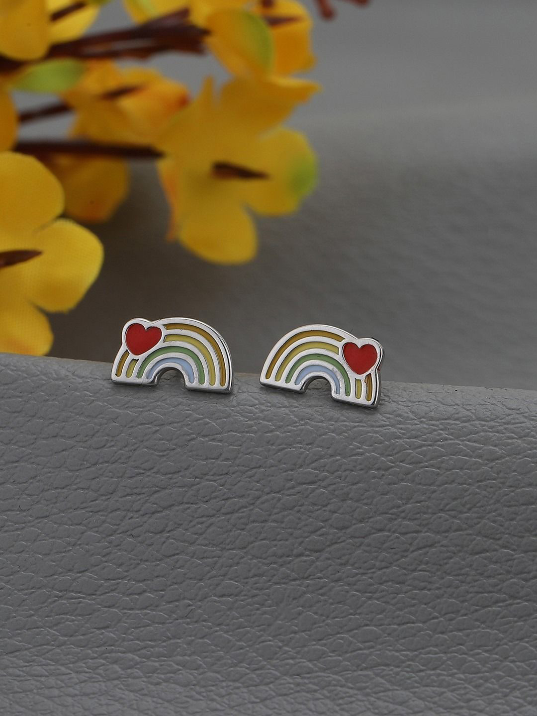 Carlton London 925 Sterling Silver Rhodium Plated Enamel Rainbow with Heart Stud Earring