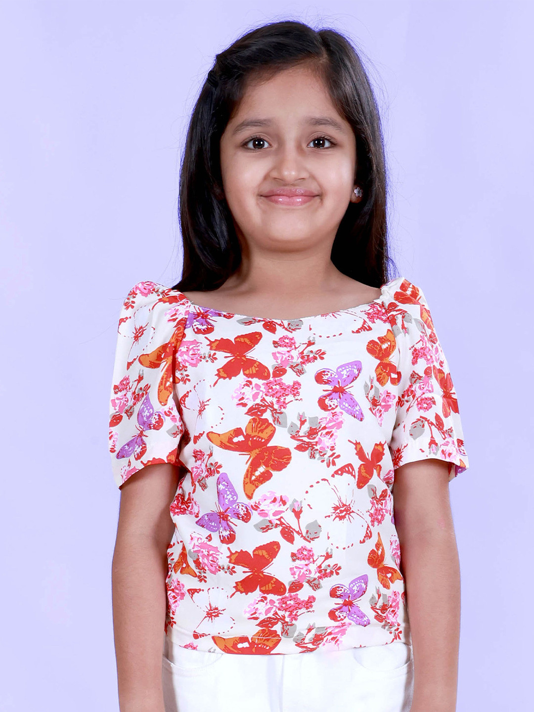KiddoPanti Girls Butterfly Print Boat Neck Top