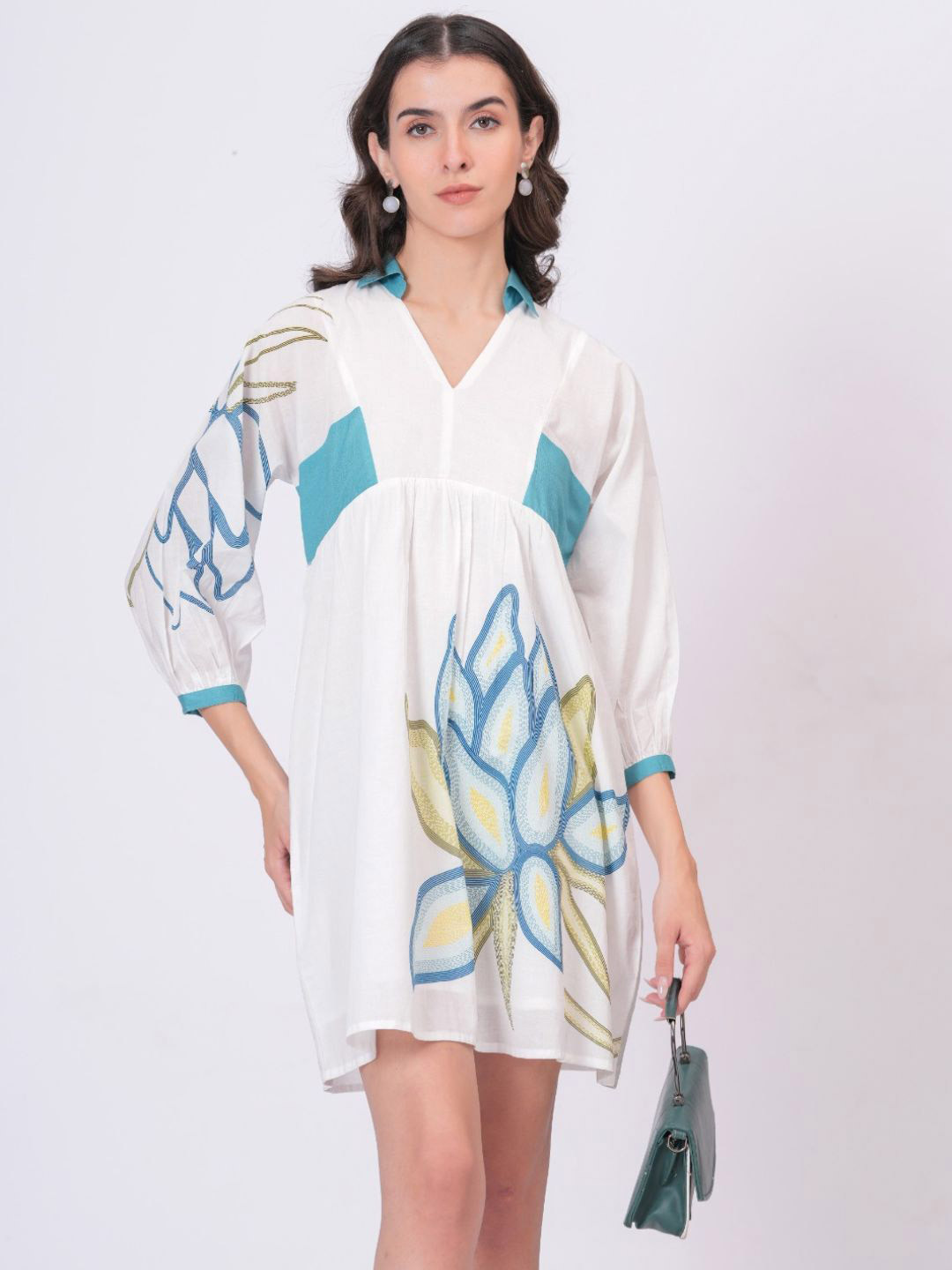 Zolo Label Women Teal Accent Printed Cotton Cambric Empire Mini Dress