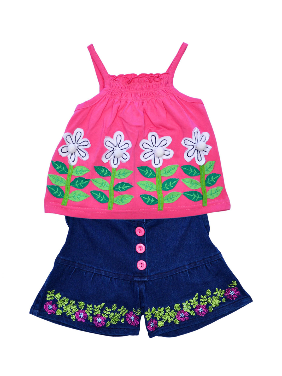 ME N MY Girls Floral Embroidered Shoulder Straps Top And  Shorts Set