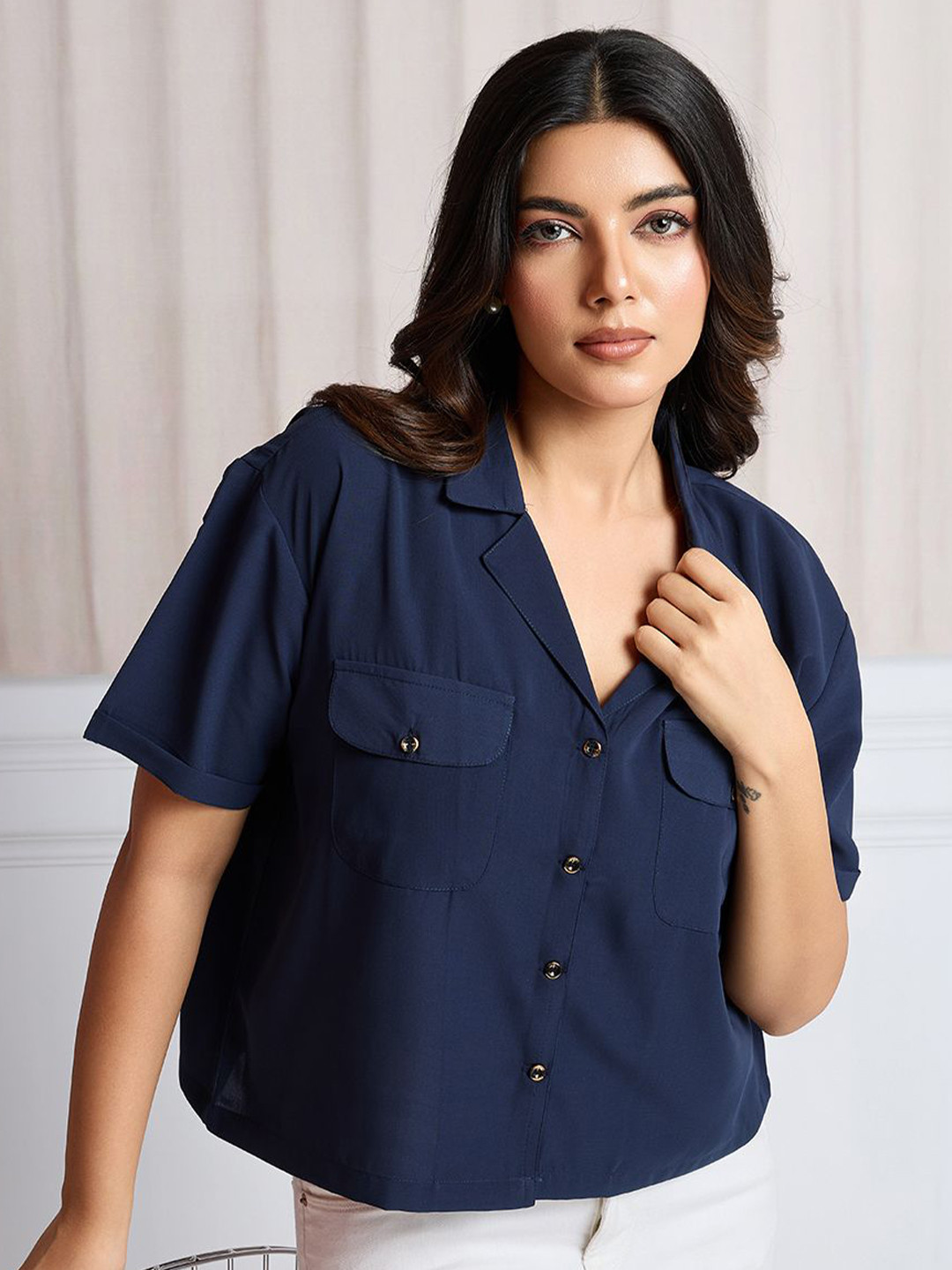 TATER GARMENTS Women Standard Fit Solid Cuban Collar Casual Shirt