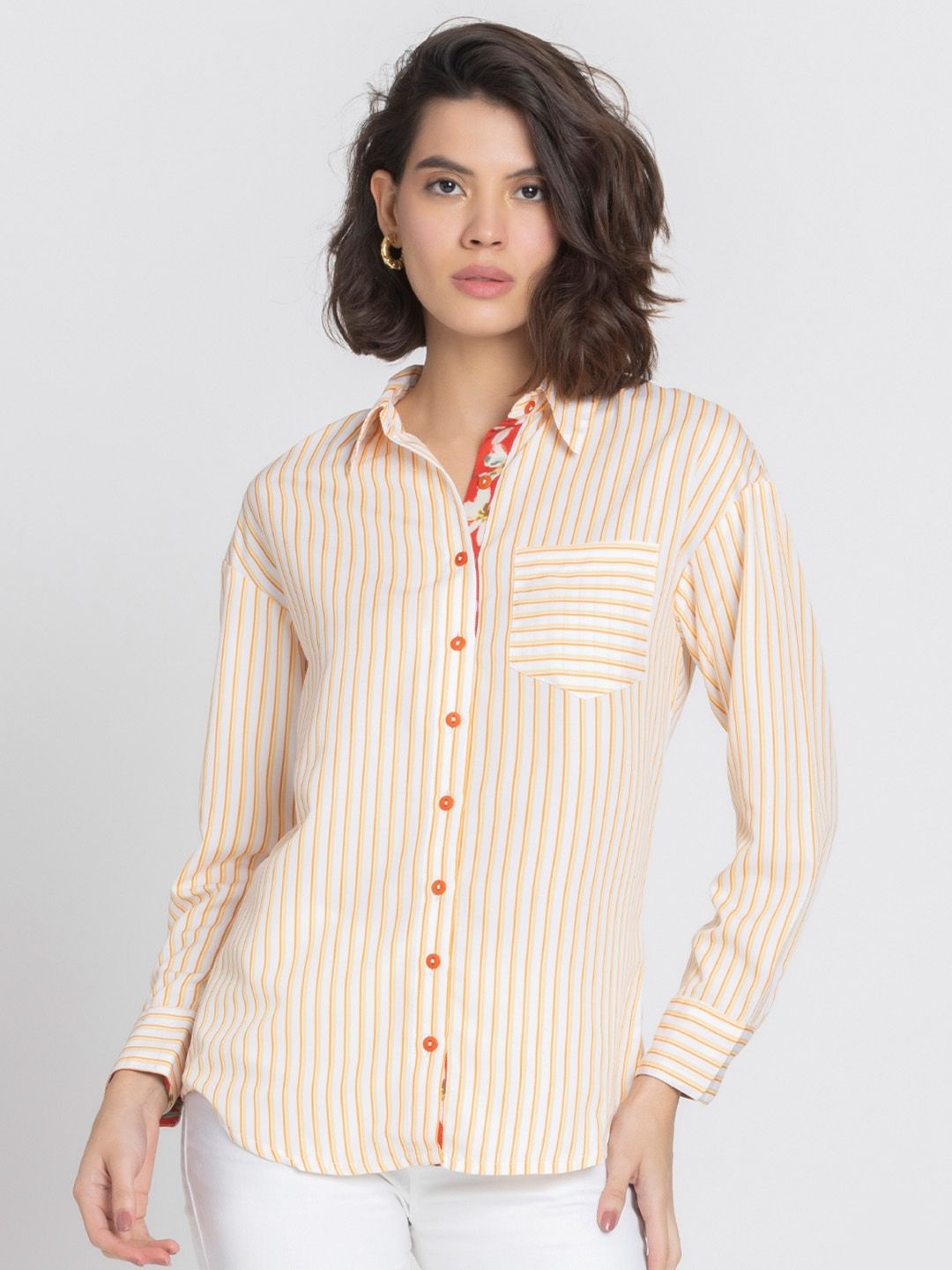 SHAYE Vertical Striped Long Sleeves Cotton Shirt