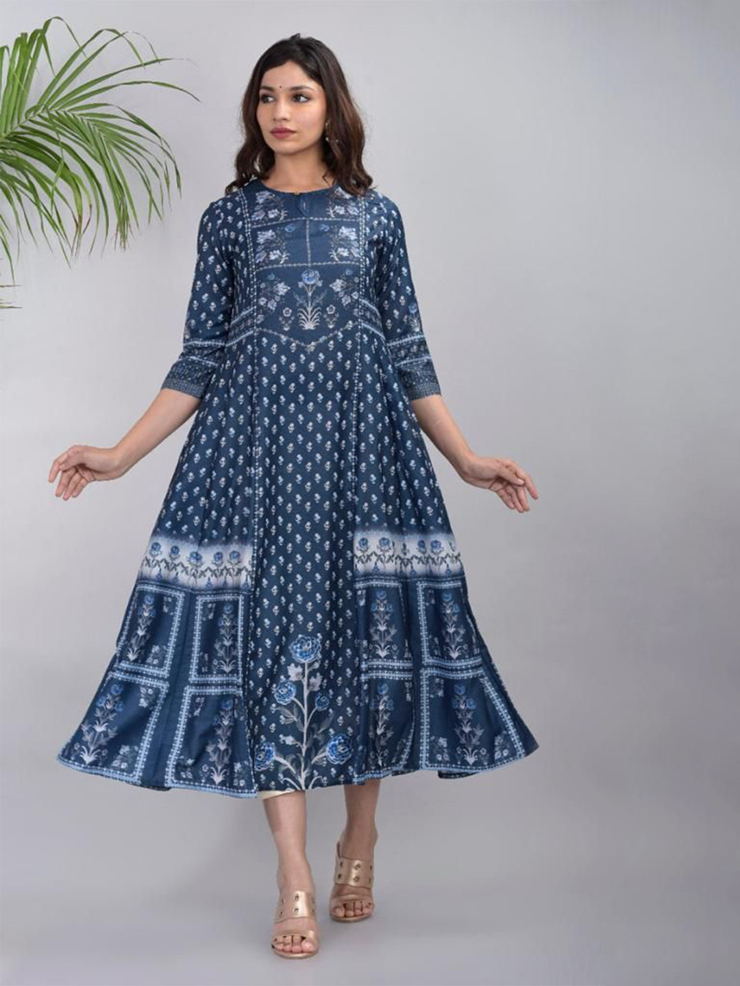 Inara Robes Women Ethnic Motif Printed Indigo A-Line Kurta