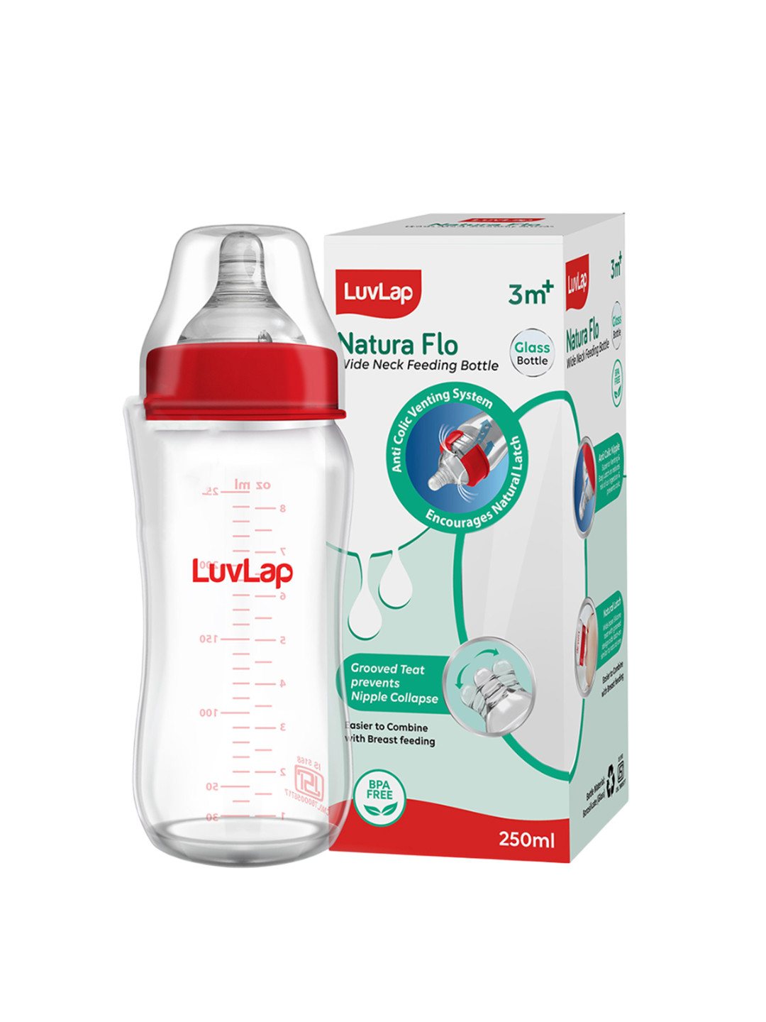 LuvLap Kids Red Wide Neck Feeding Bottle 250ml